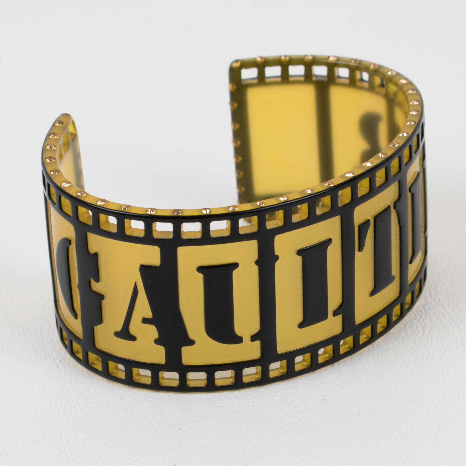 Jean Paul Gaultier Runway Black and Yellow Resin Cuff Bracelet Old Film Strip In Excellent Condition For Sale In Atlanta, GA