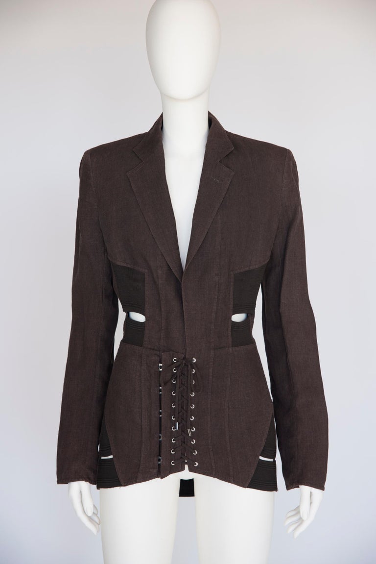Jean Paul Gaultier Double Breasted Runway Blazer with Leather Lace-Up Sleeves SS1992
