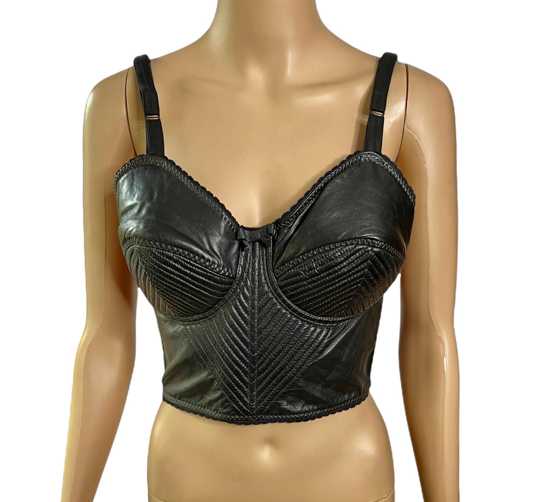 Jean Paul Gaultier S/S 1987 Vintage Bustier Cone Bra Leather Black Crop Top In Good Condition For Sale In Naples, FL
