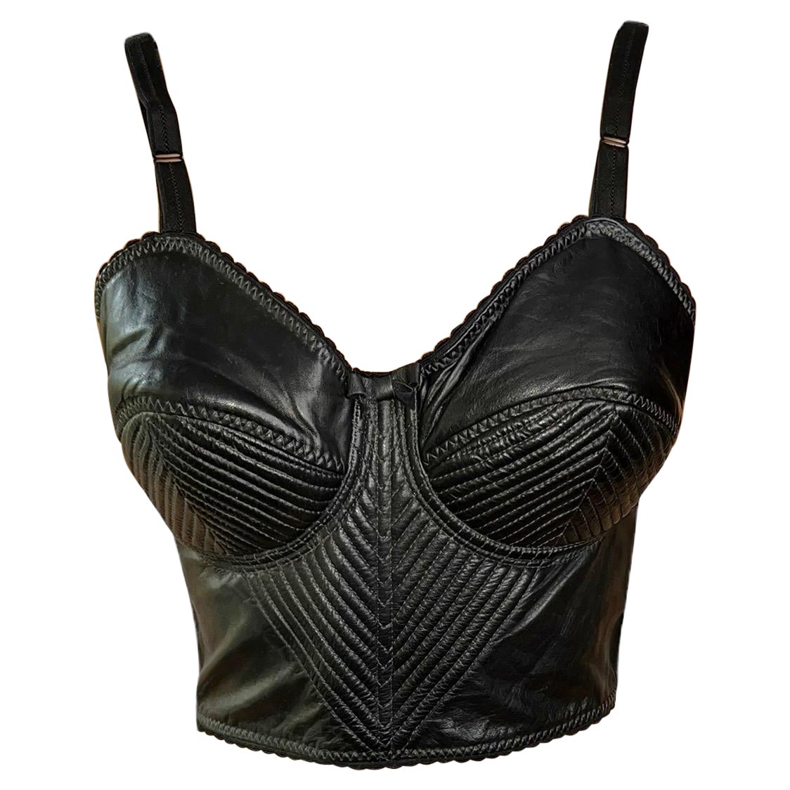 Jean Paul Gaultier Jeans P/E 1987 Vintage Bustier Cone Bra Leather Black Crop Top