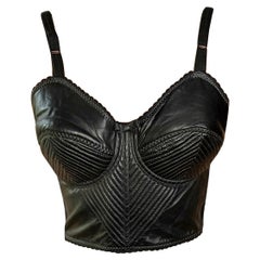 Jean Paul Gaultier Jeans P/E 1987 Vintage Bustier Cone Bra Leather Black Crop Top