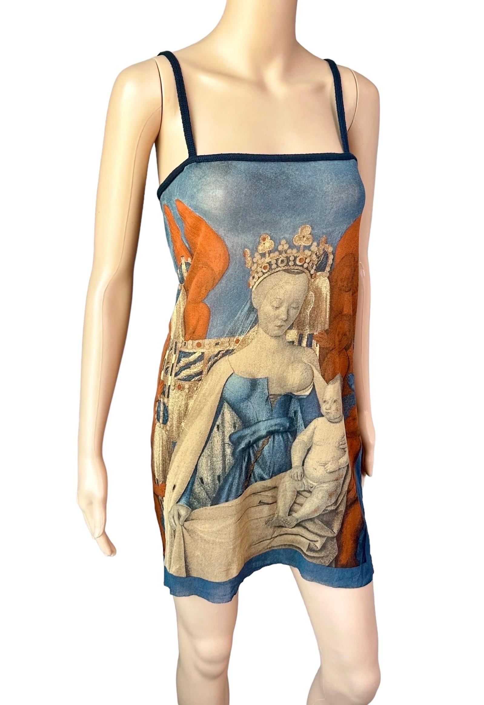 Brown Jean Paul Gaultier S/S 1995 Virgin & Child by Jean Fouquet Print Slip Mini Dress For Sale