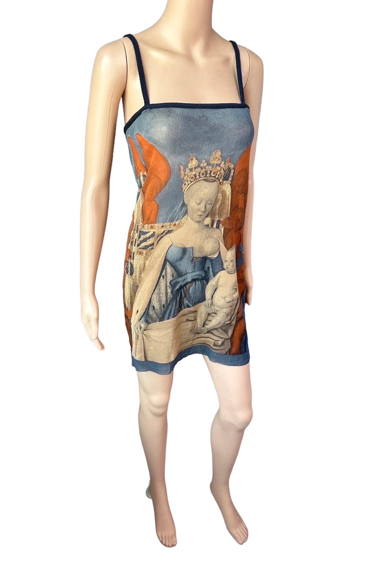 Women's or Men's Jean Paul Gaultier S/S 1995 Virgin & Child by Jean Fouquet Print Slip Mini Dress For Sale
