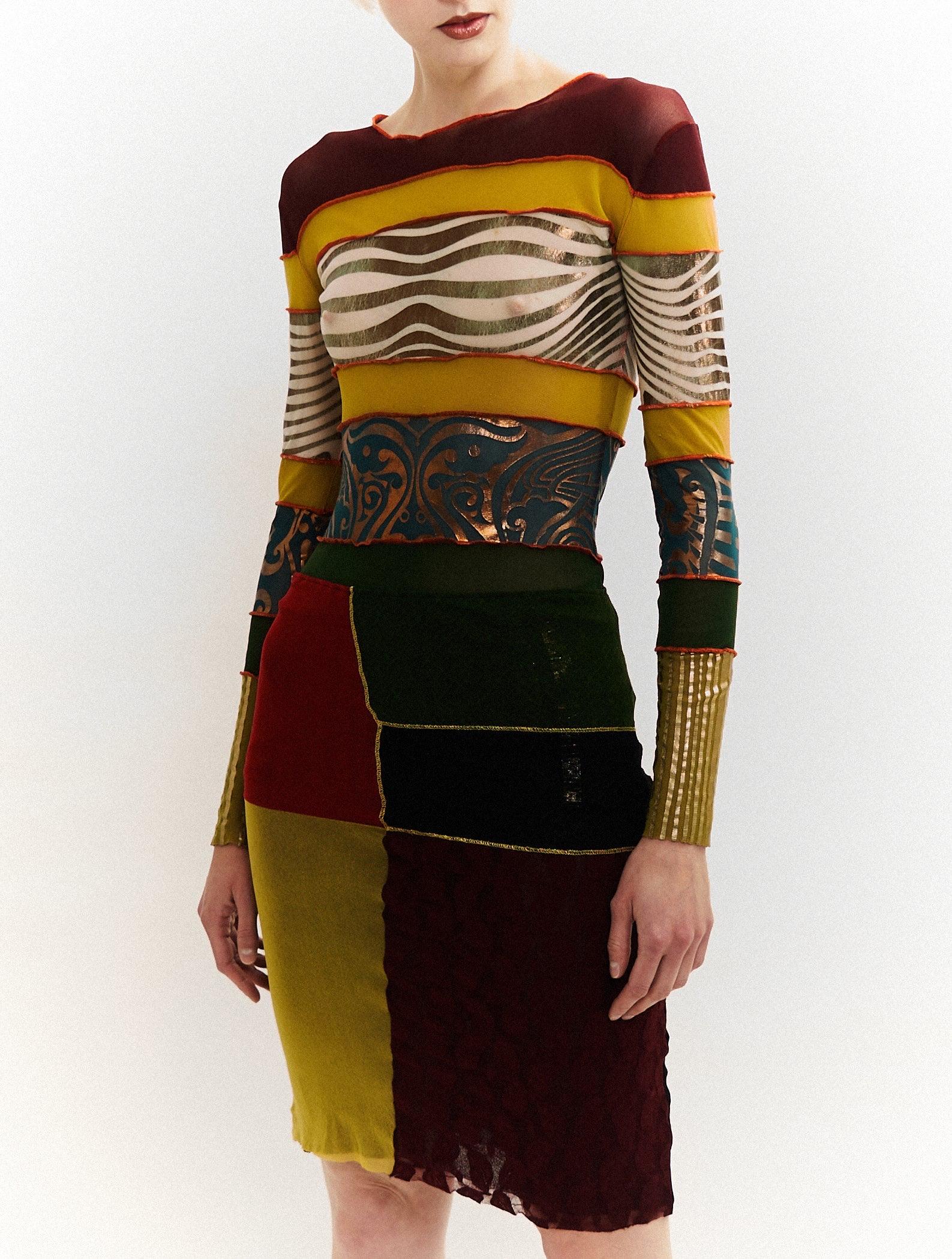 Women's Jean Paul Gaultier S/S 1996 Cyberbaba Mesh Foil Print Top & Skirt Ensemble For Sale