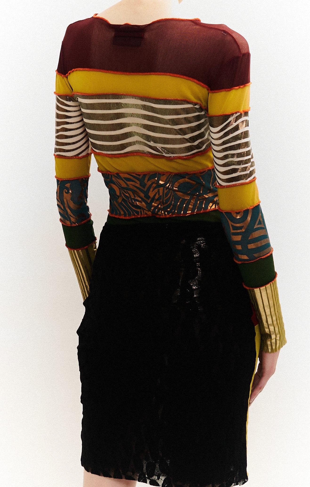 Jean Paul Gaultier S/S 1996 Cyberbaba Mesh Foil Print Top & Skirt Ensemble For Sale 1