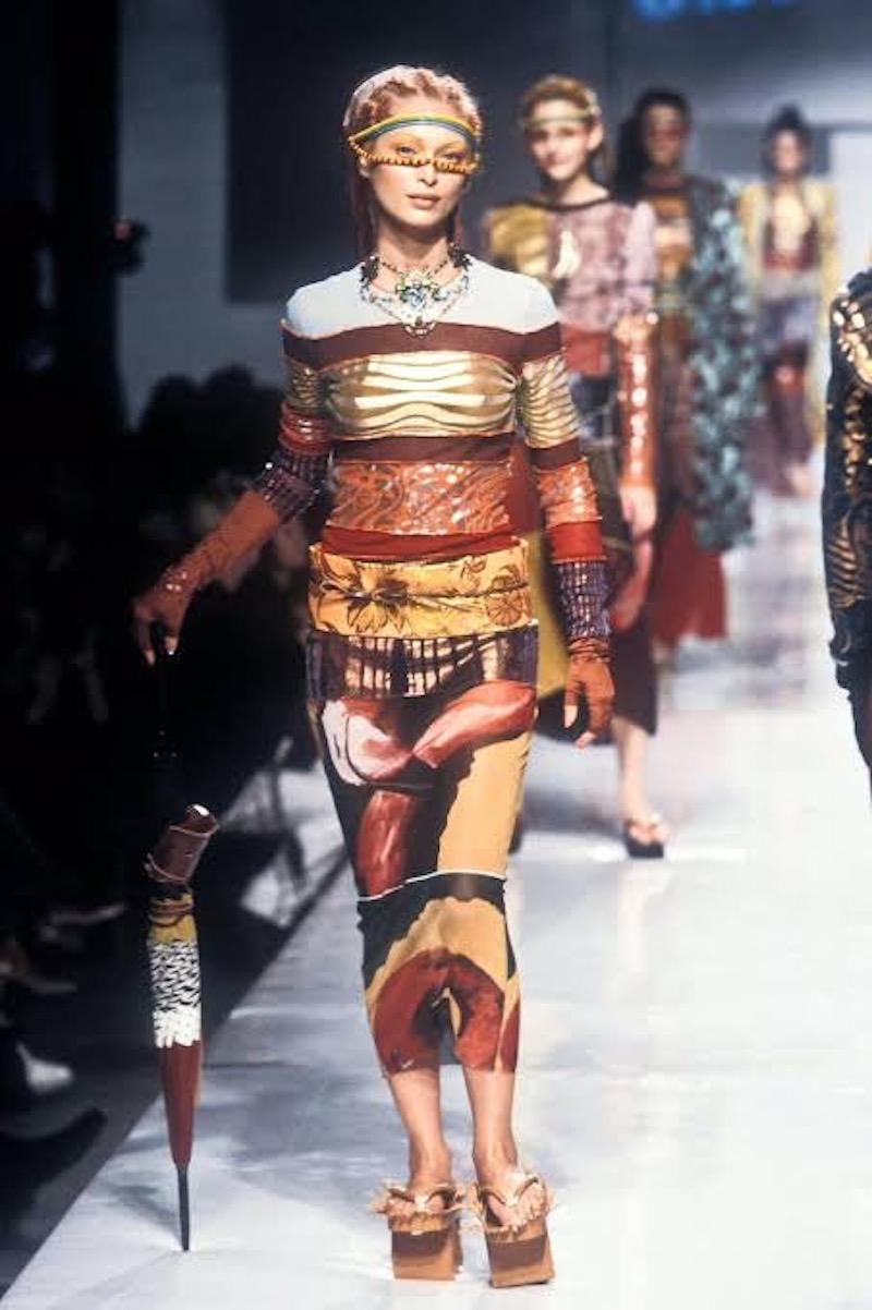 Jean Paul Gaultier S/S 1996 Cyberbaba Mesh Foil Print Top & Skirt Ensemble For Sale 3