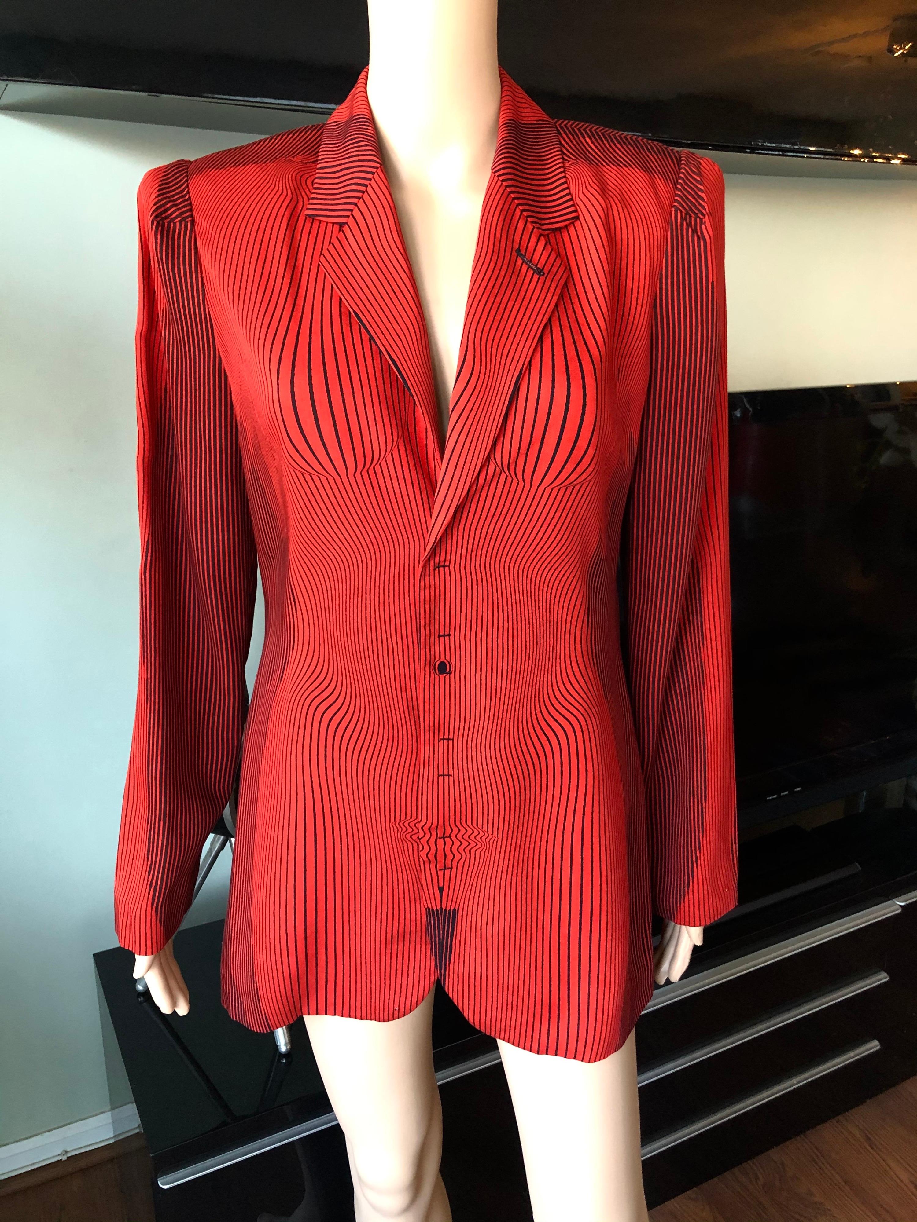Red Jean Paul Gaultier S/S 1996 Vintage Cyberbaba Optical Illusion Jacket Blazer Top For Sale