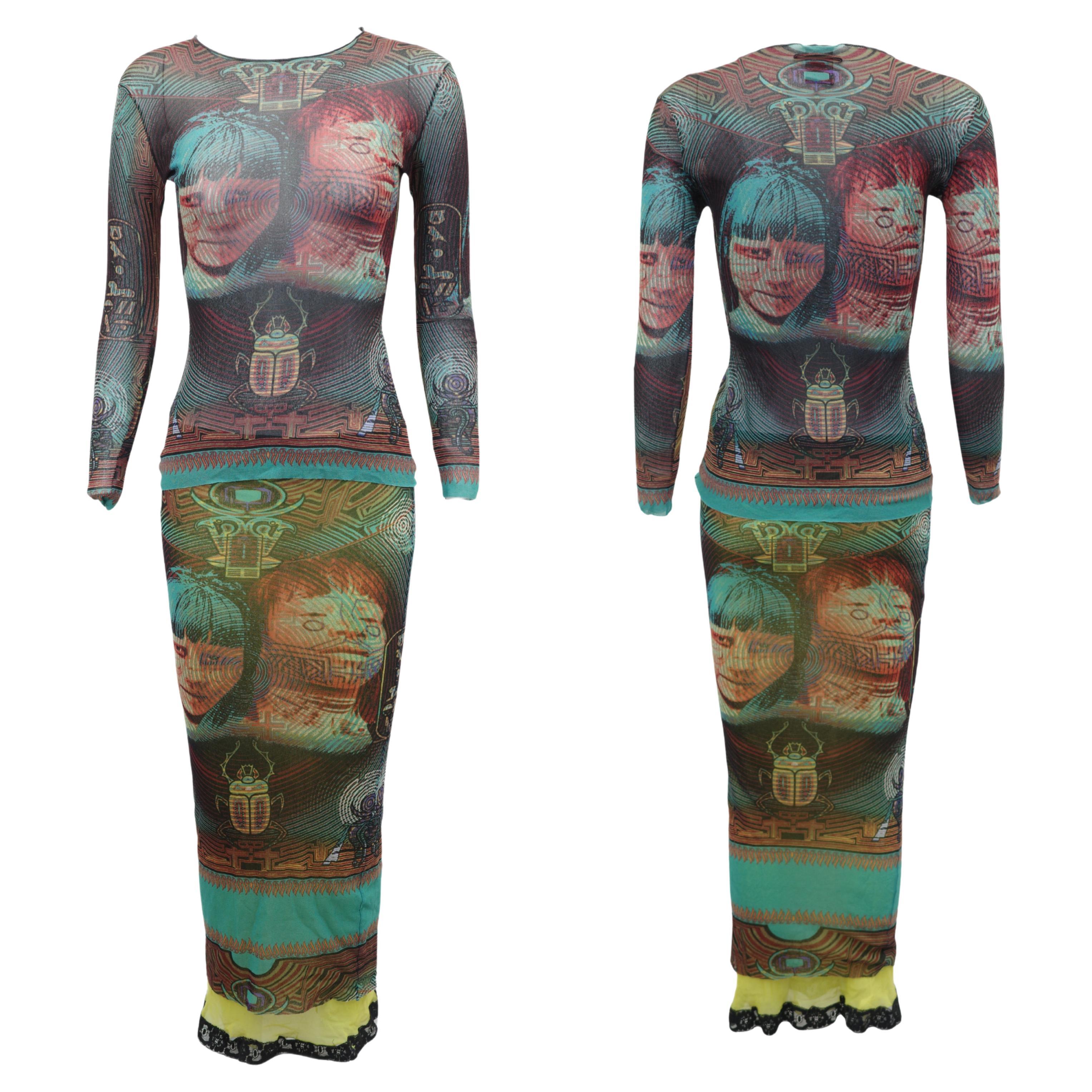 JEAN PAUL GAULTIER S/s 1997 Natalie Portman Multicolor Printed Two-Piece Set en vente