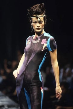 Jean Paul Gaultier S/S 1997 Runway Trompe L'oeil Tuxedo Print Sheer Mesh Dress