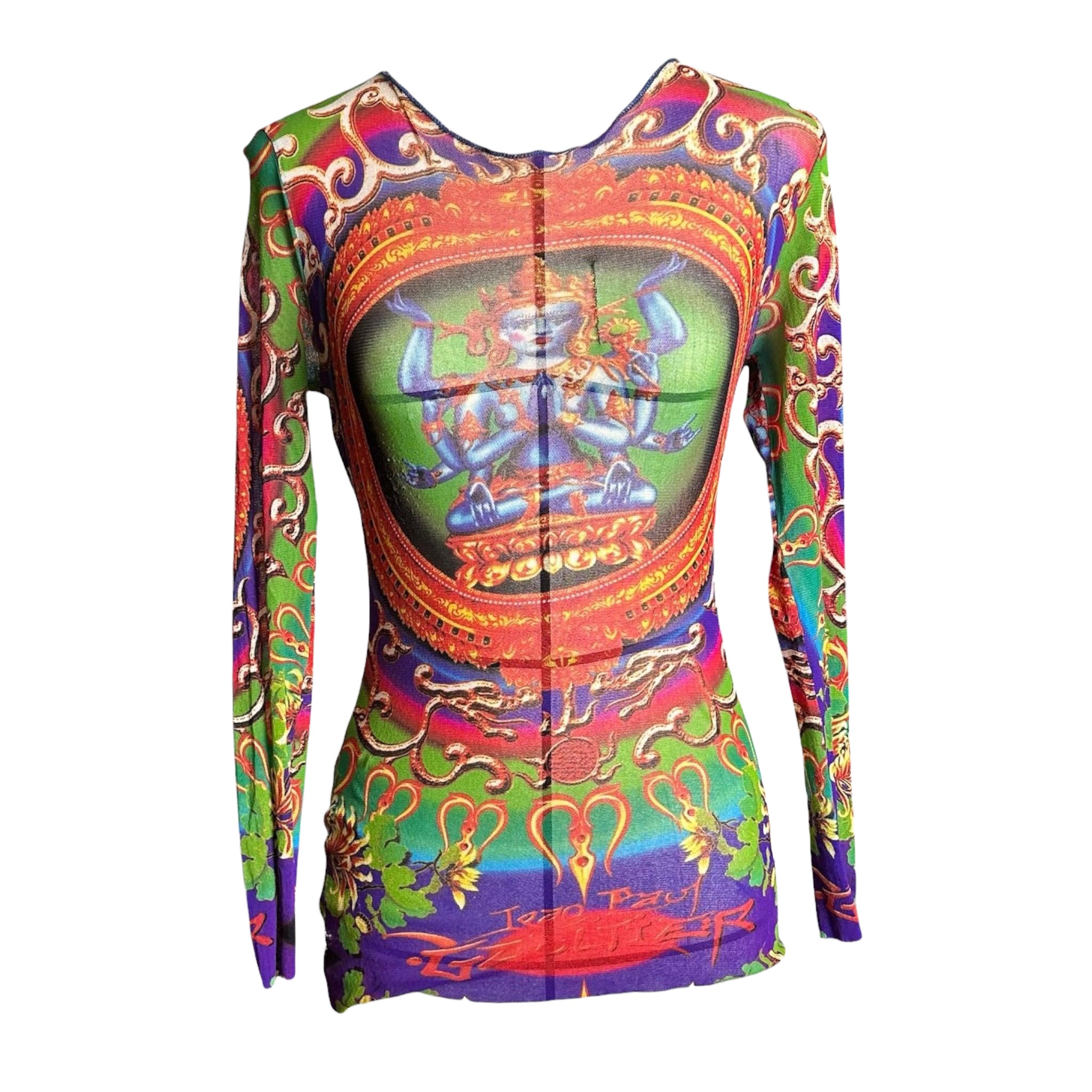 Jean Paul Gaultier S/S 1997 Shiva Print Stretch Mesh Sleeve Top For Sale