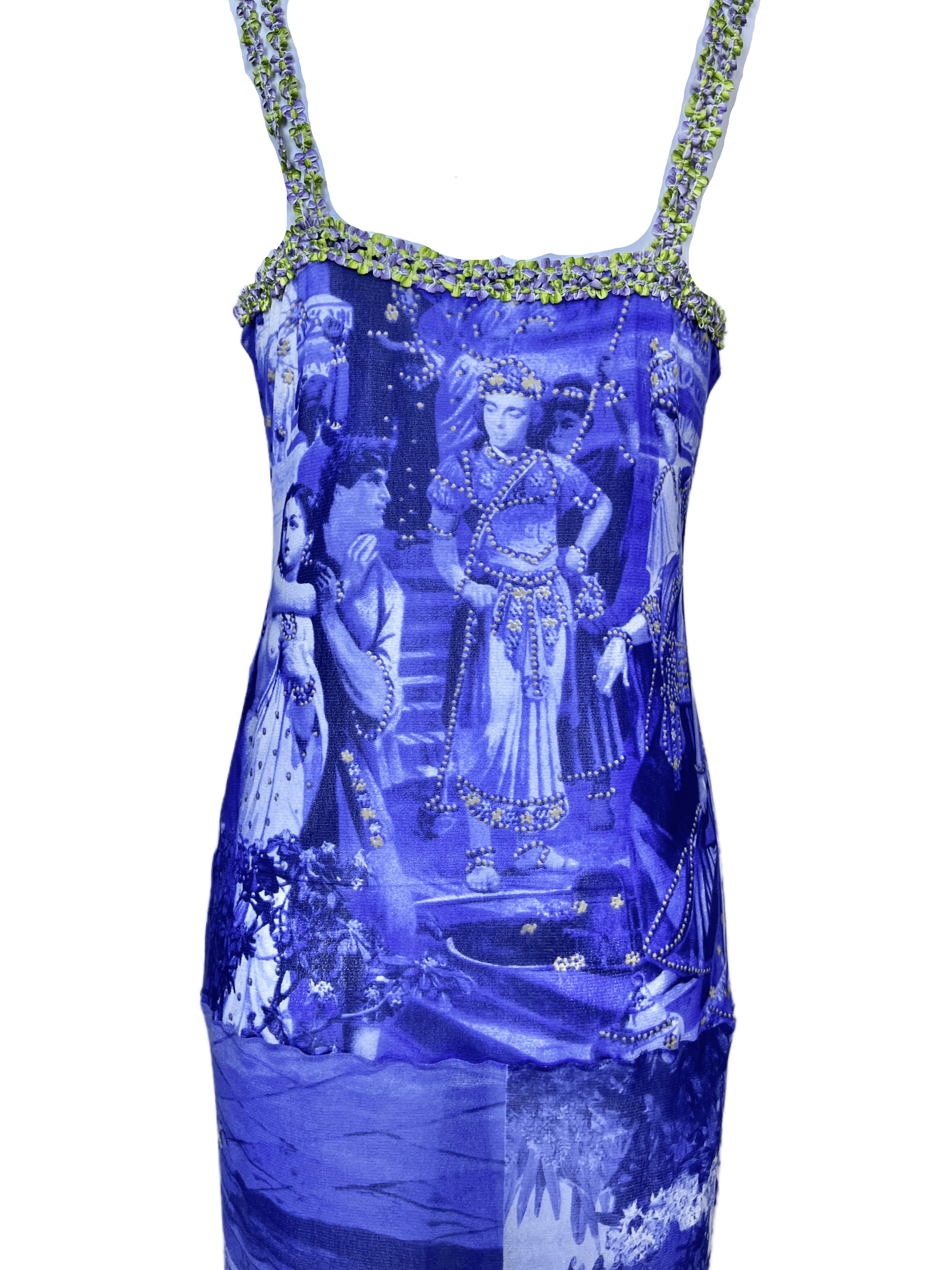 JEAN PAUL GAULTIER S/s 1998 Blaues bedrucktes Kleid mit Frontschlitz im Angebot 6