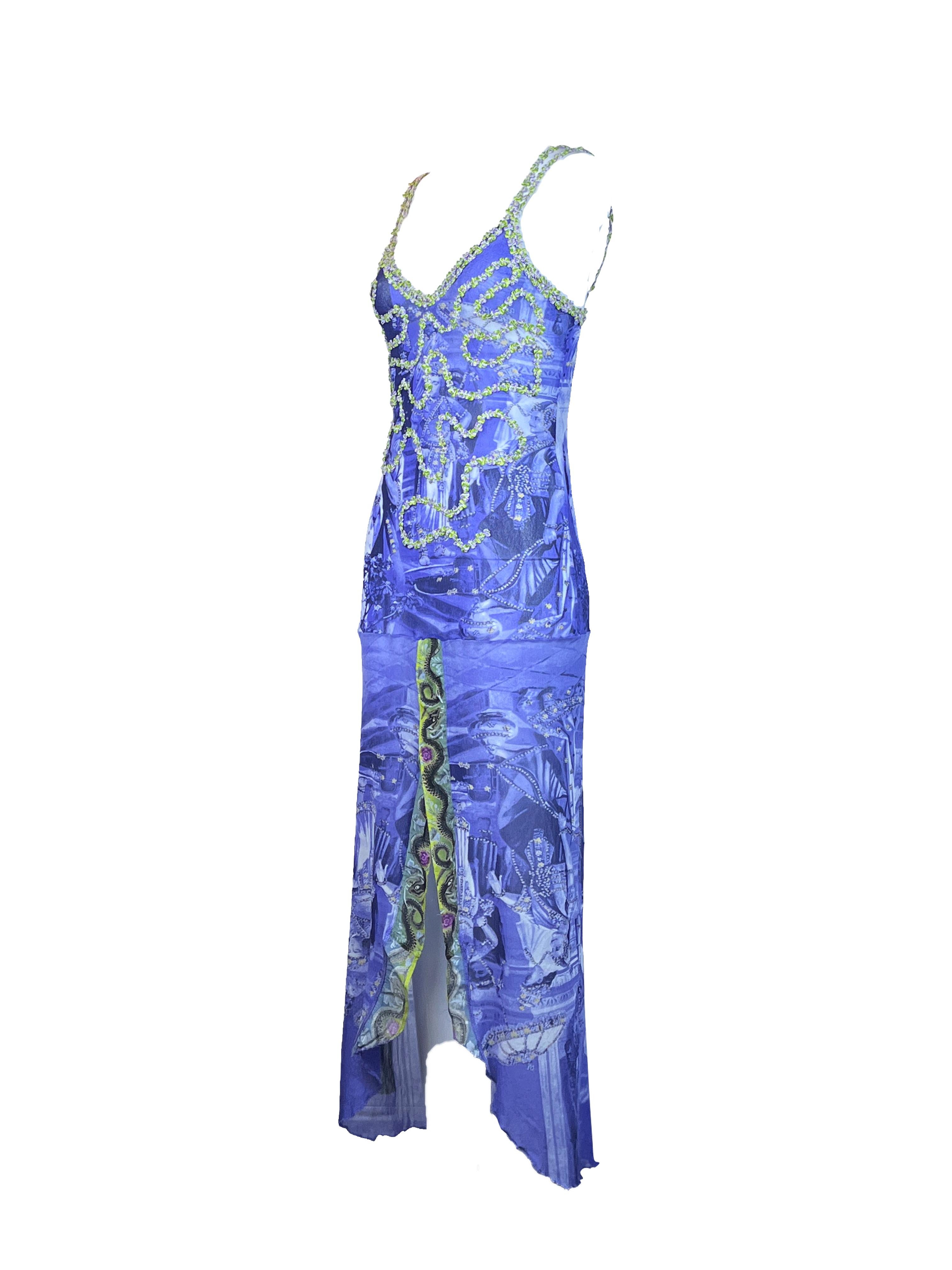 JEAN PAUL GAULTIER S/s 1998 Blaues bedrucktes Kleid mit Frontschlitz Damen im Angebot