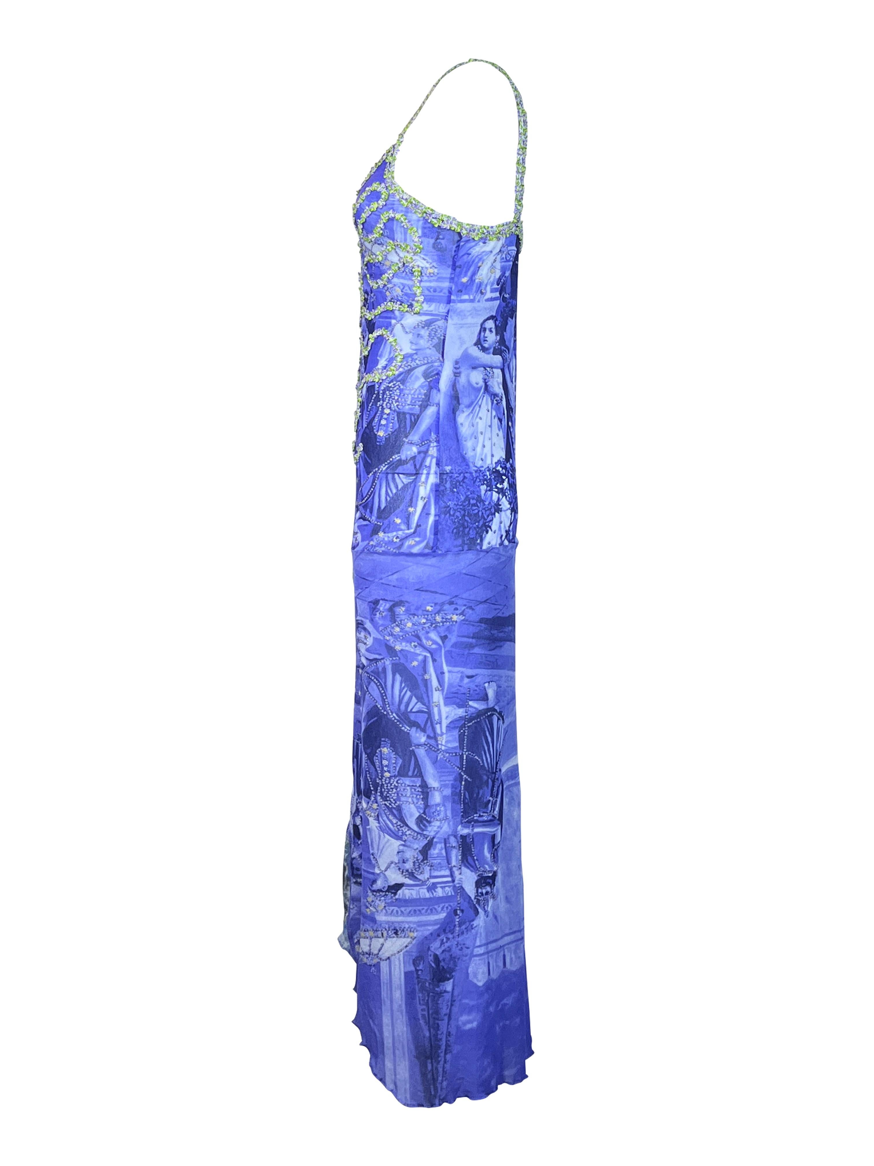 JEAN PAUL GAULTIER S/s 1998 Blaues bedrucktes Kleid mit Frontschlitz im Angebot 1