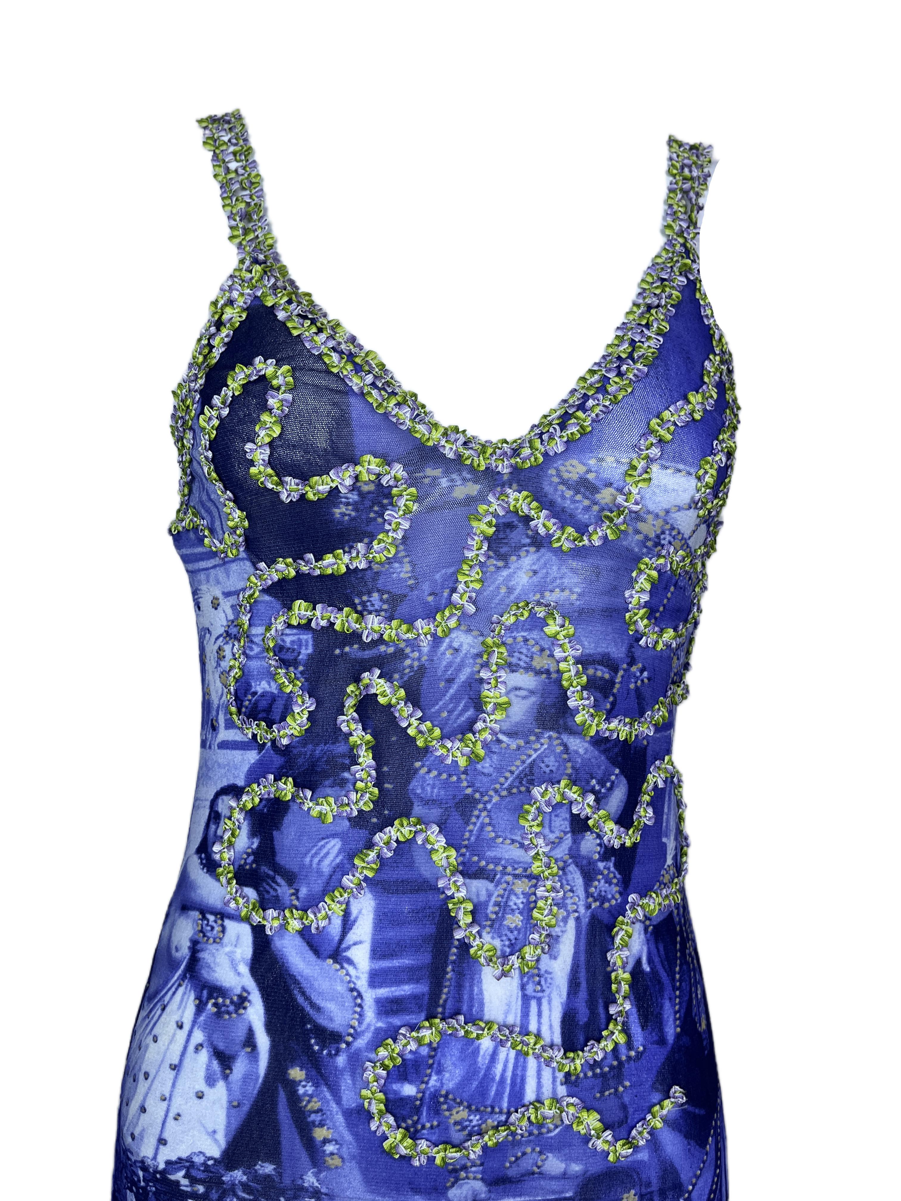 JEAN PAUL GAULTIER S/s 1998 Blaues bedrucktes Kleid mit Frontschlitz im Angebot 4