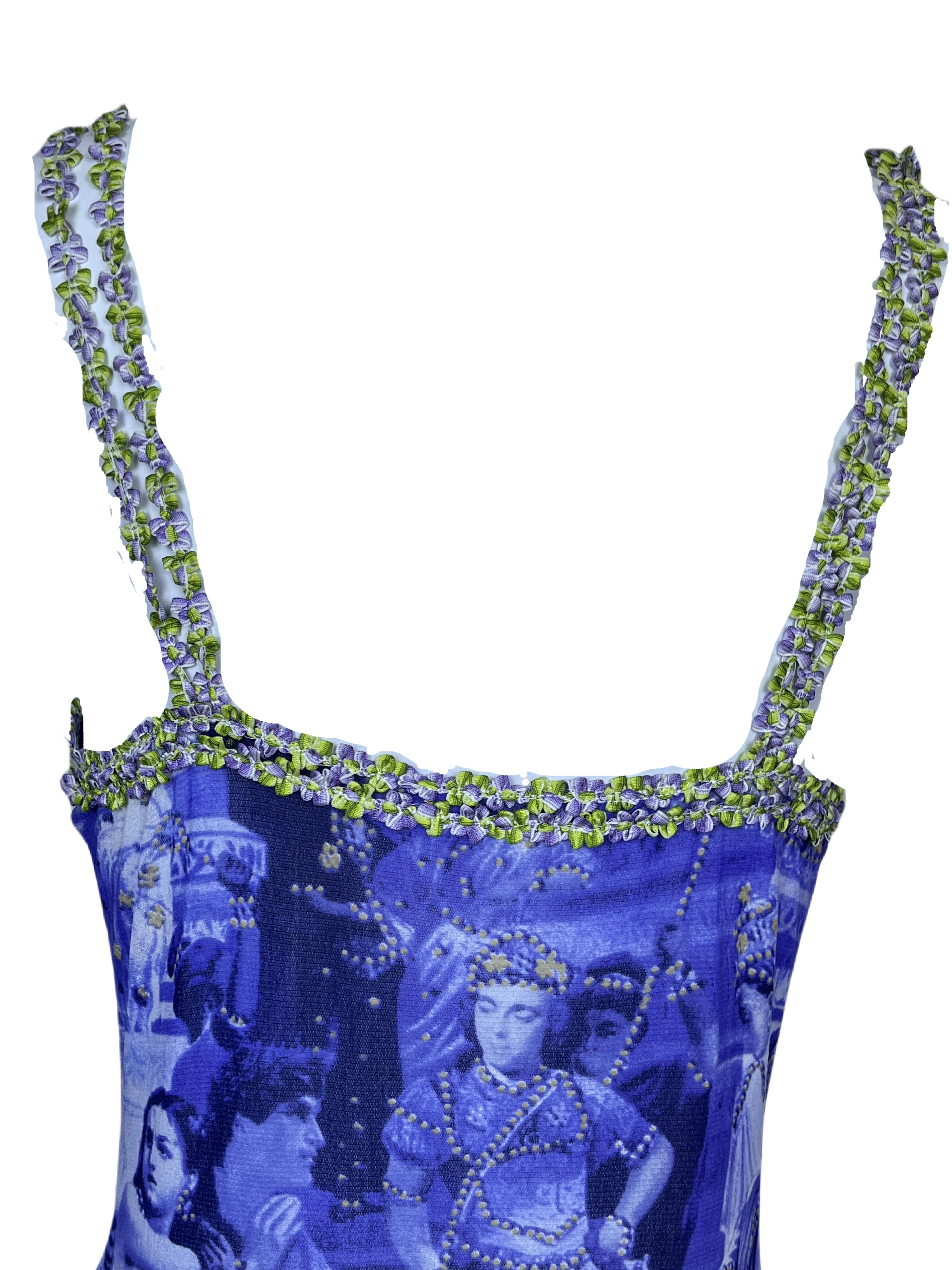 JEAN PAUL GAULTIER S/s 1998 Blaues bedrucktes Kleid mit Frontschlitz im Angebot 5