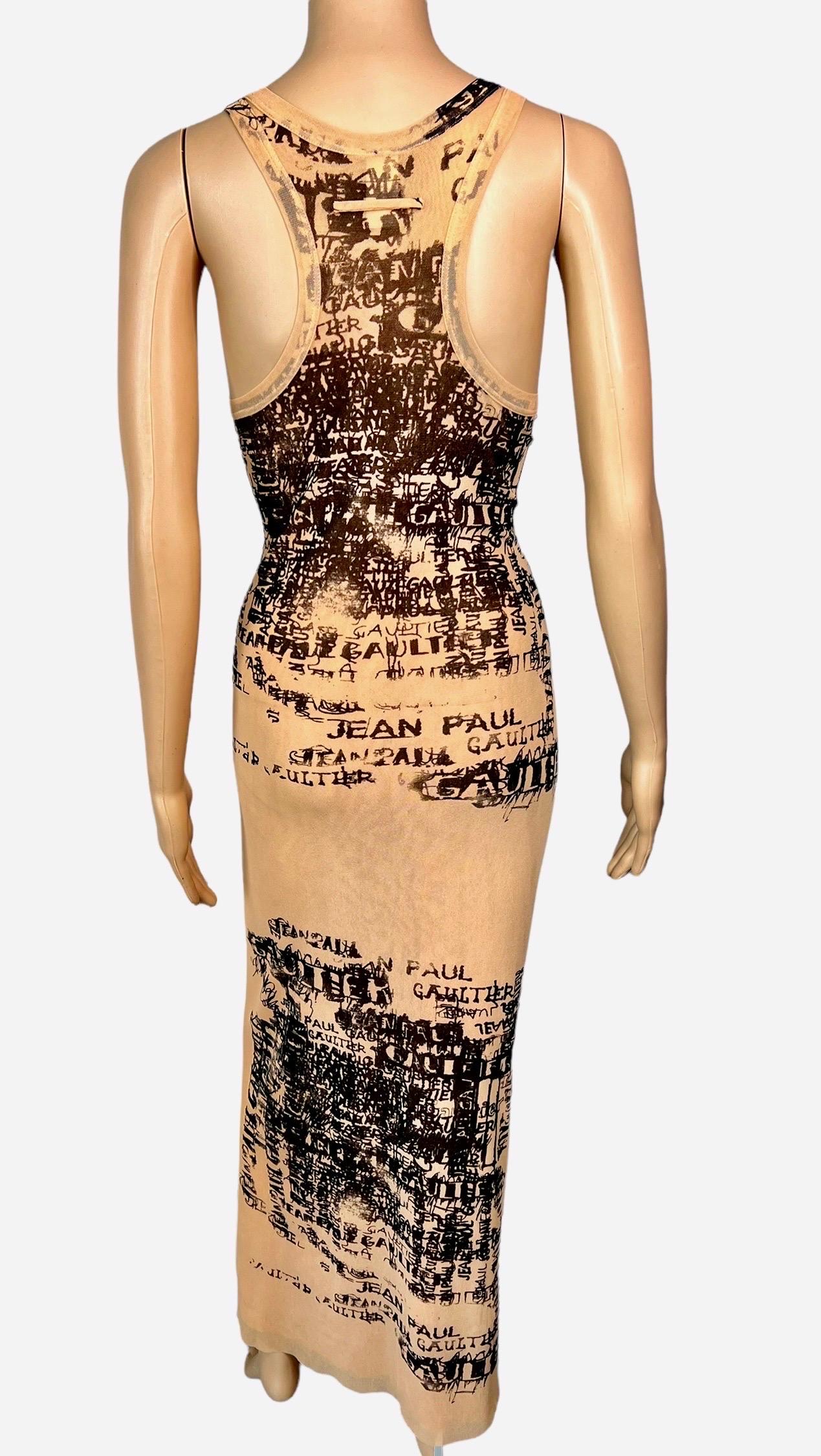 Jean Paul Gaultier S/S 1998 Vintage Calligraphy Logo Print Mesh Maxi Skirt Dress Size L

