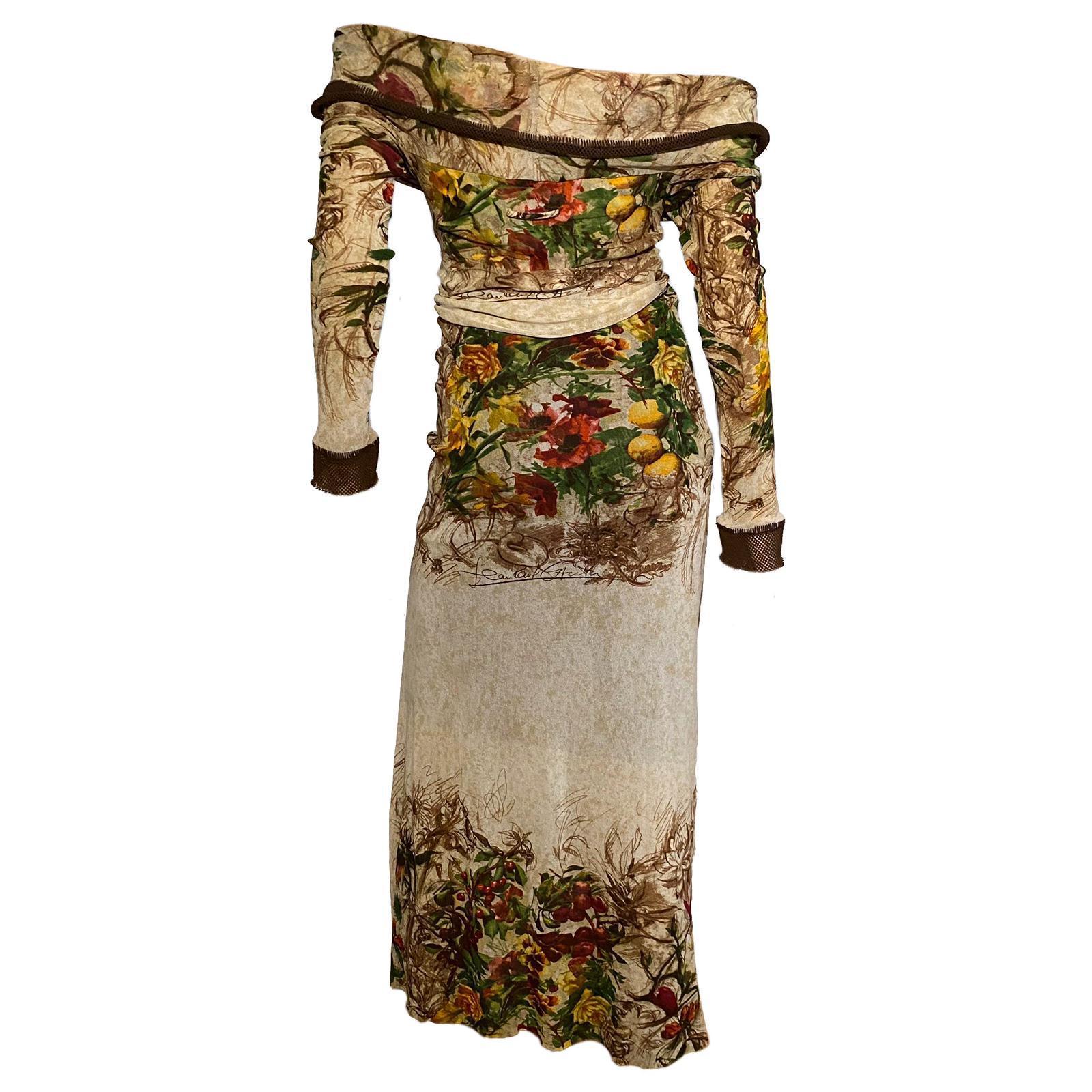 Jean Paul Gaultier flower print maxi dress from the S/S 1999 collection, worn by Devon Aoki. Long sleeves with crochet cuffs, meant to be worn off the shoulders. Brown inner petticoat.
Size label removed, fits S to bigger sizes