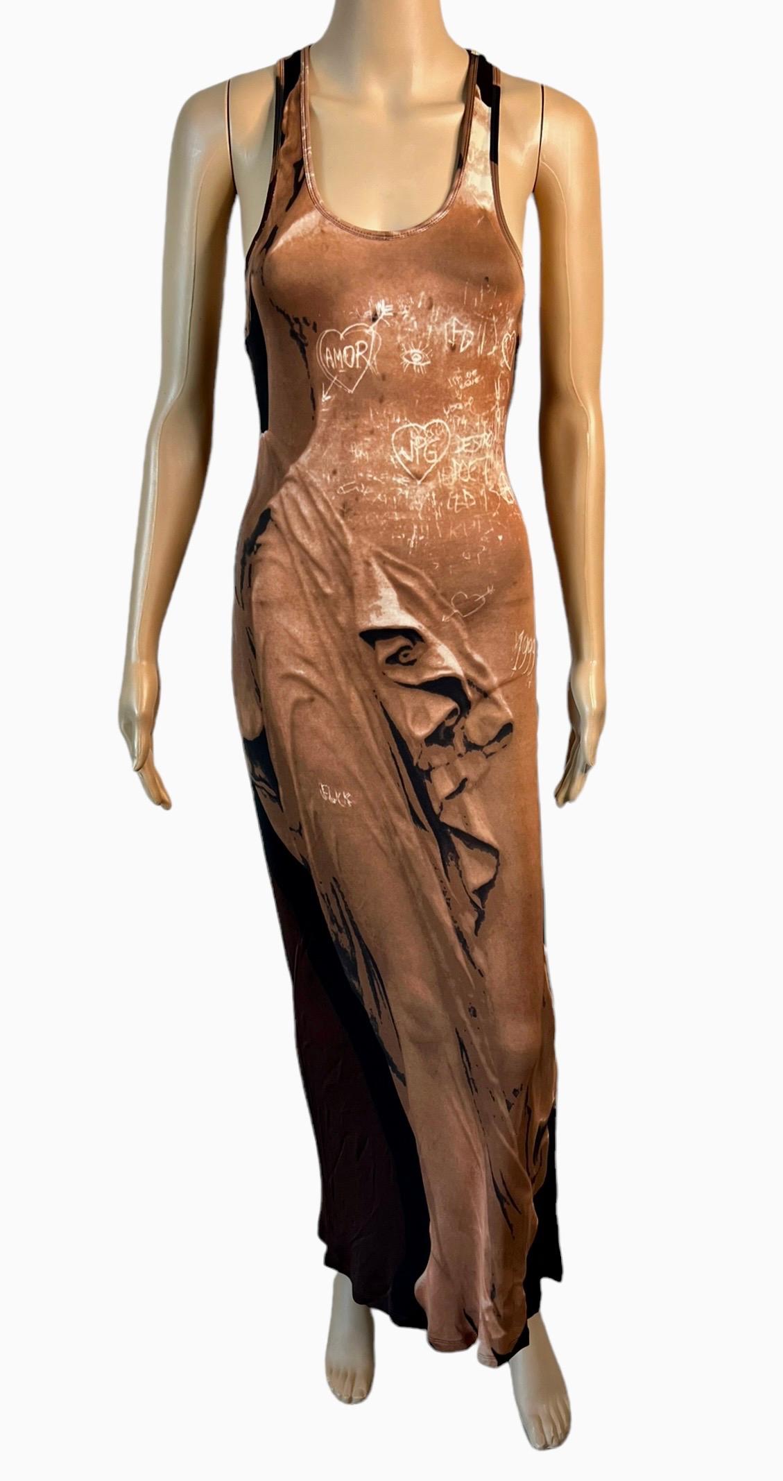 Brown Jean Paul Gaultier S/S 1999 Runway Goddess Trompe L'oeil Graffiti Maxi Dress