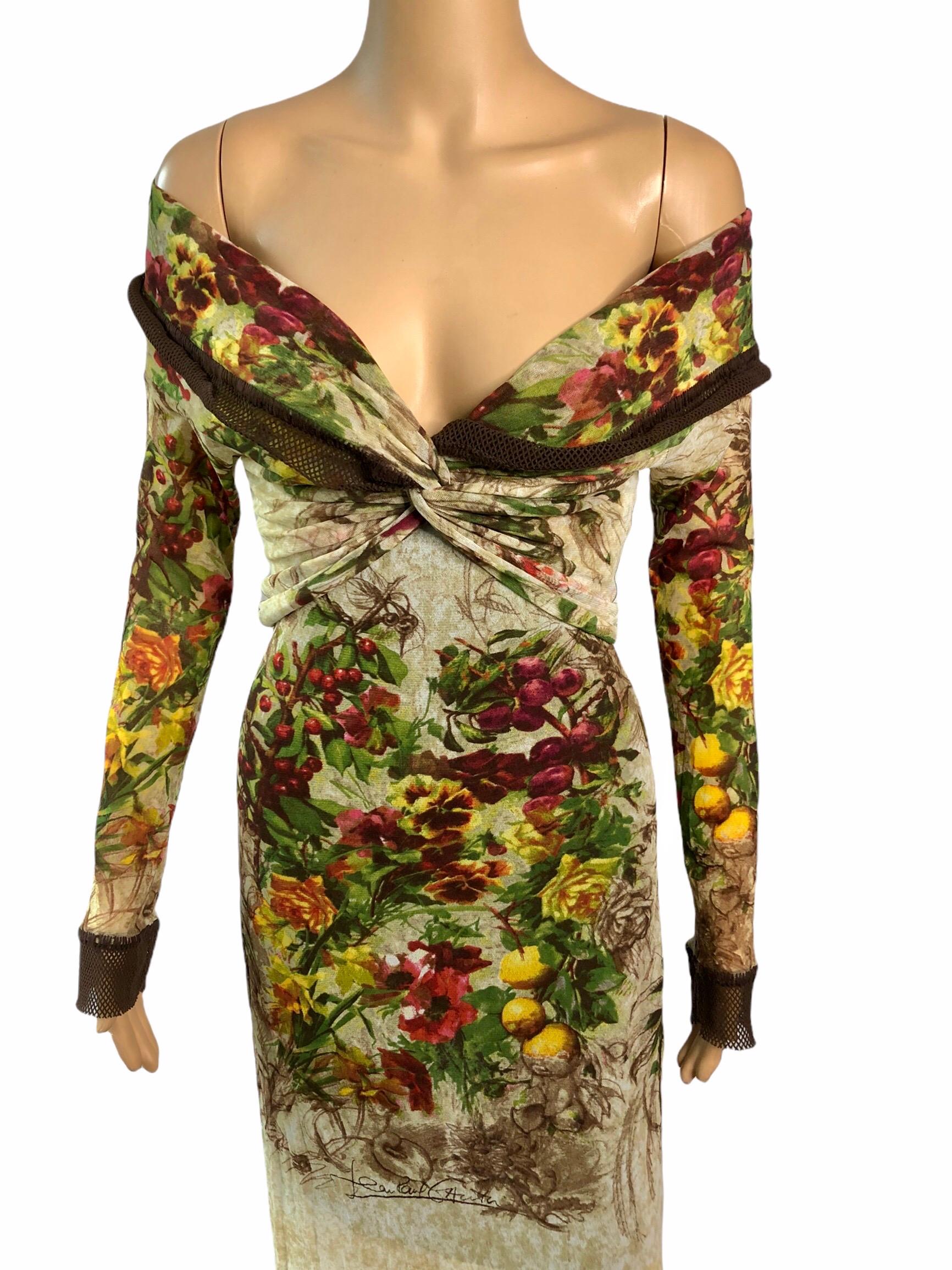 Jean Paul Gaultier Classique S/S 1999 Runway Vintage Floral Semi-Sheer Off Shoulder Dress S.I.M.