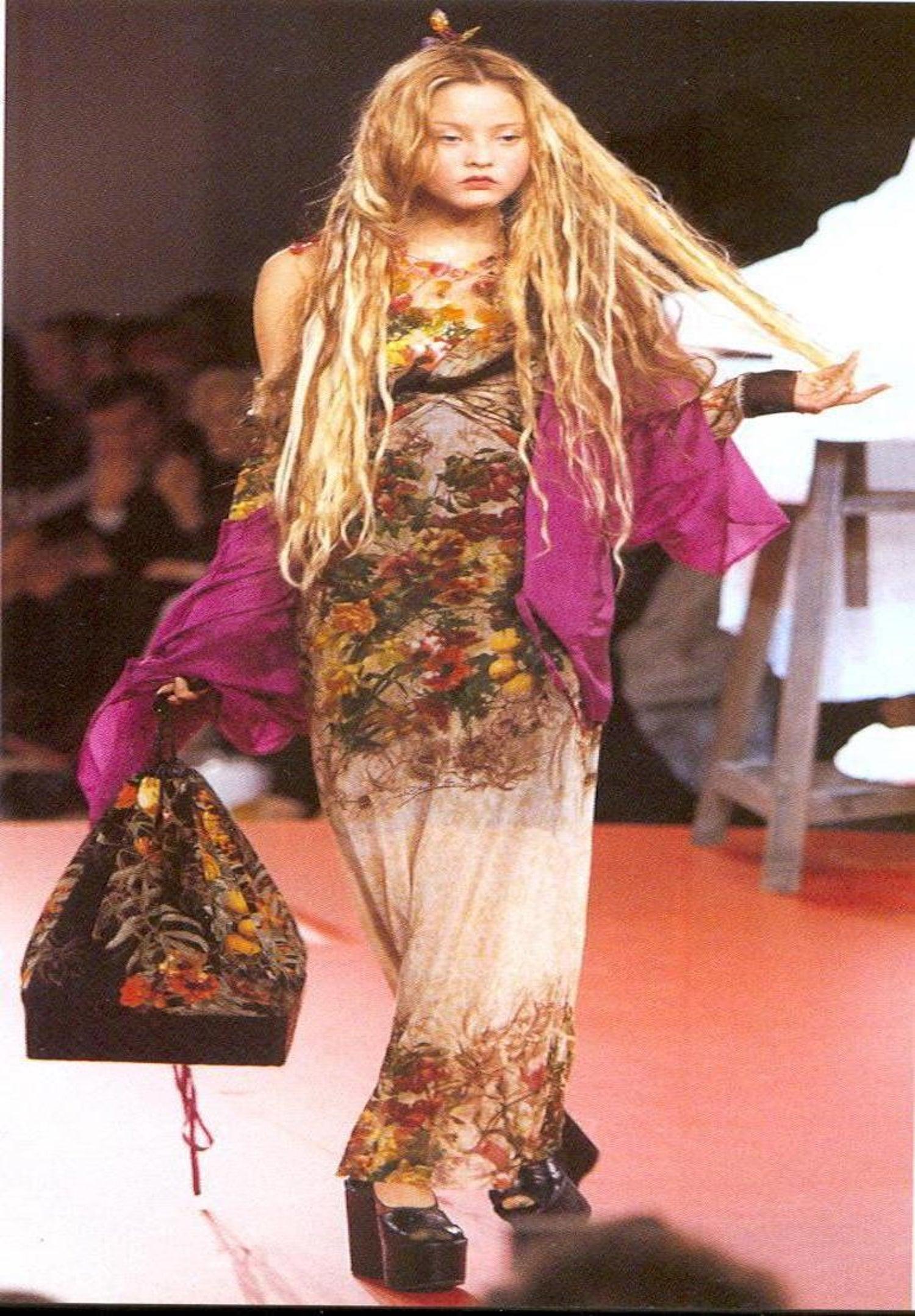 Jean Paul Gaultier S/S 1999 Runway Vintage Floral Semi-Sheer Off Shoulder Dress 1