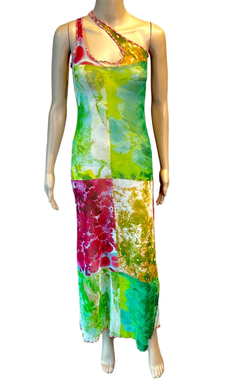 Jean Paul Gaultier Psychedelic Swirl Print Mesh Asymmetrical Halter Mini Dress