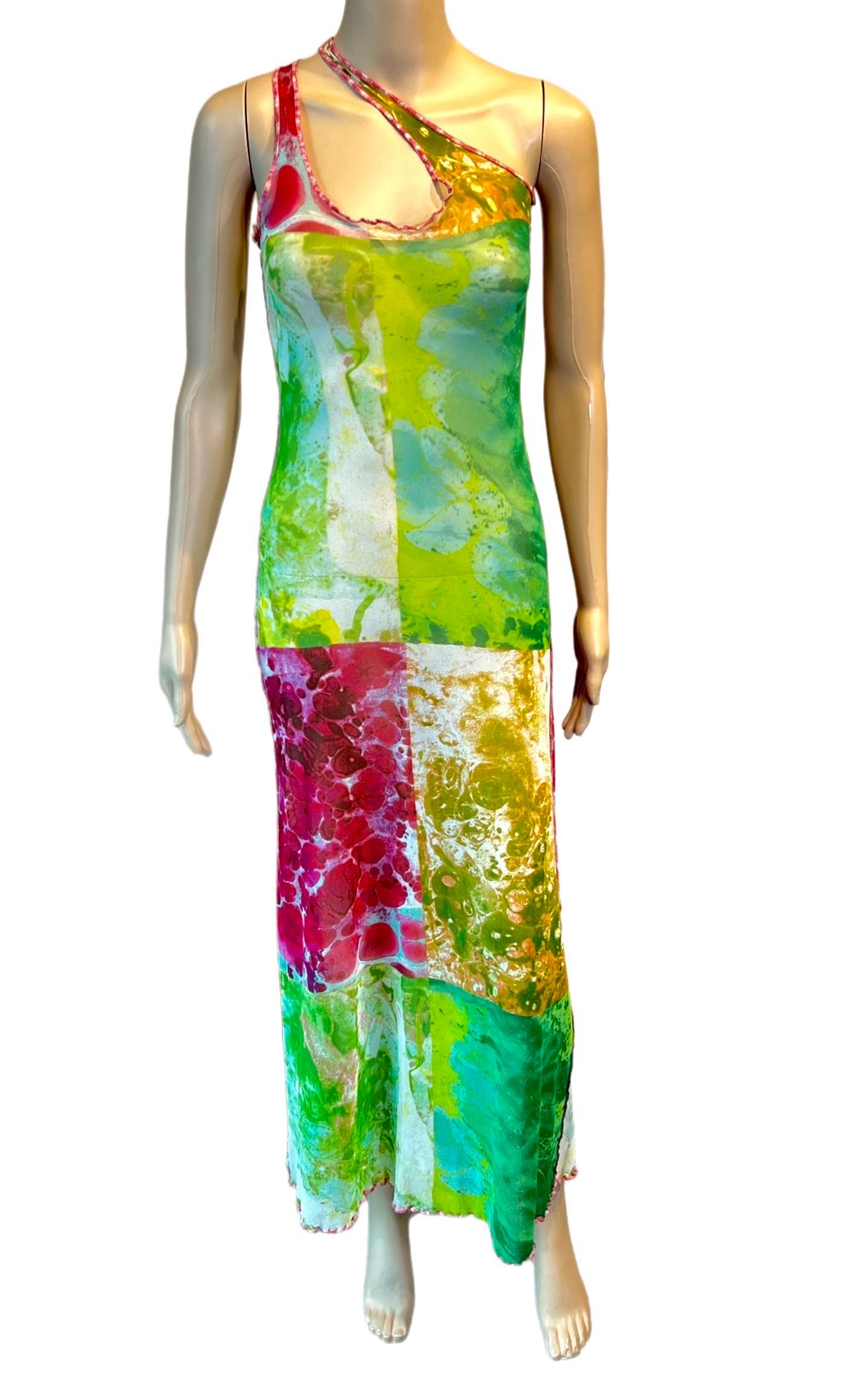 Jean Paul Gaultier S/S 2000 Psychedelic Bacteria Print Sheer Mesh Bodycon Maxi Dress Größe S




