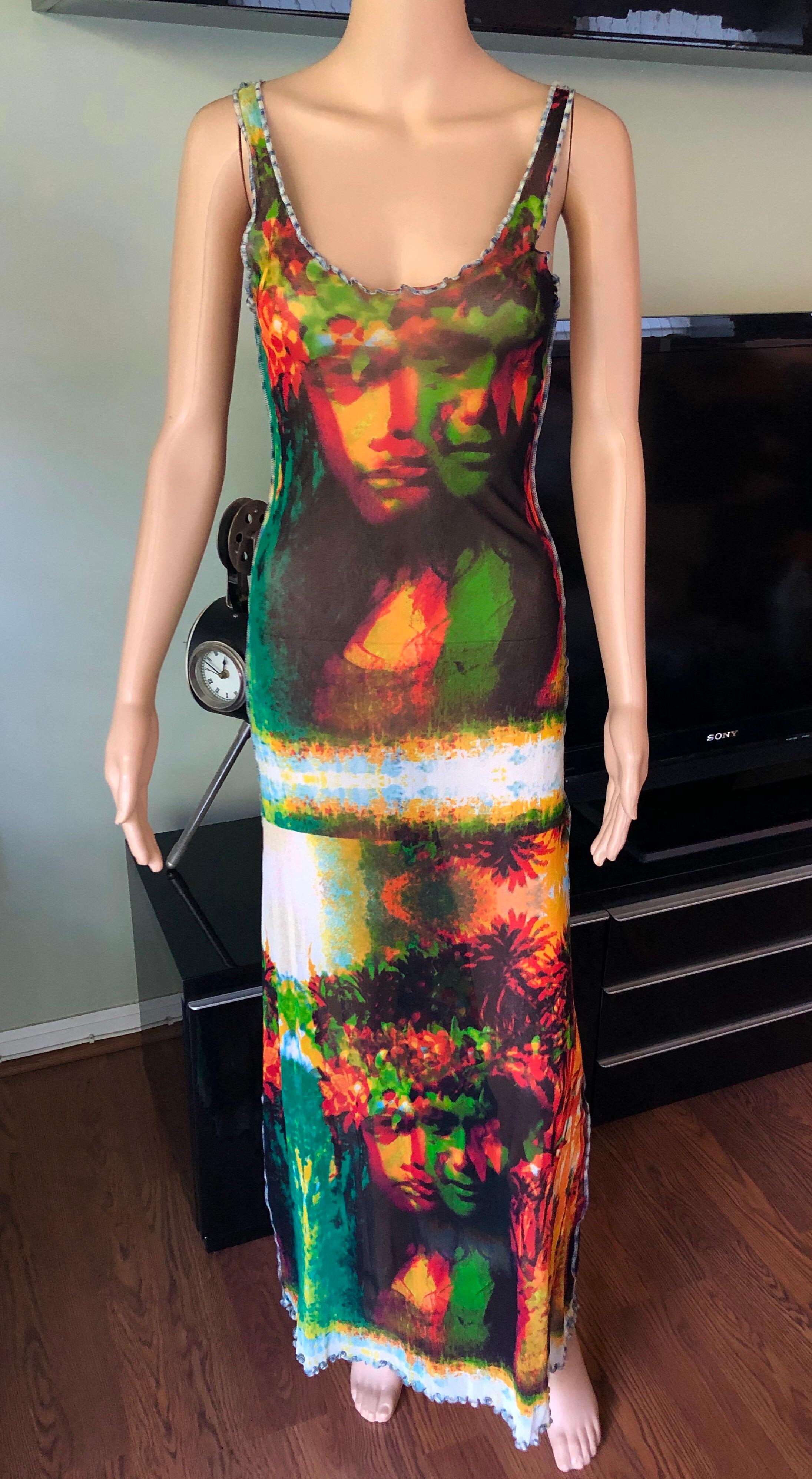 Jean Paul Gaultier S/S 2000 Vintage Psychedelic Print Bodycon Mesh Maxi Dress M
