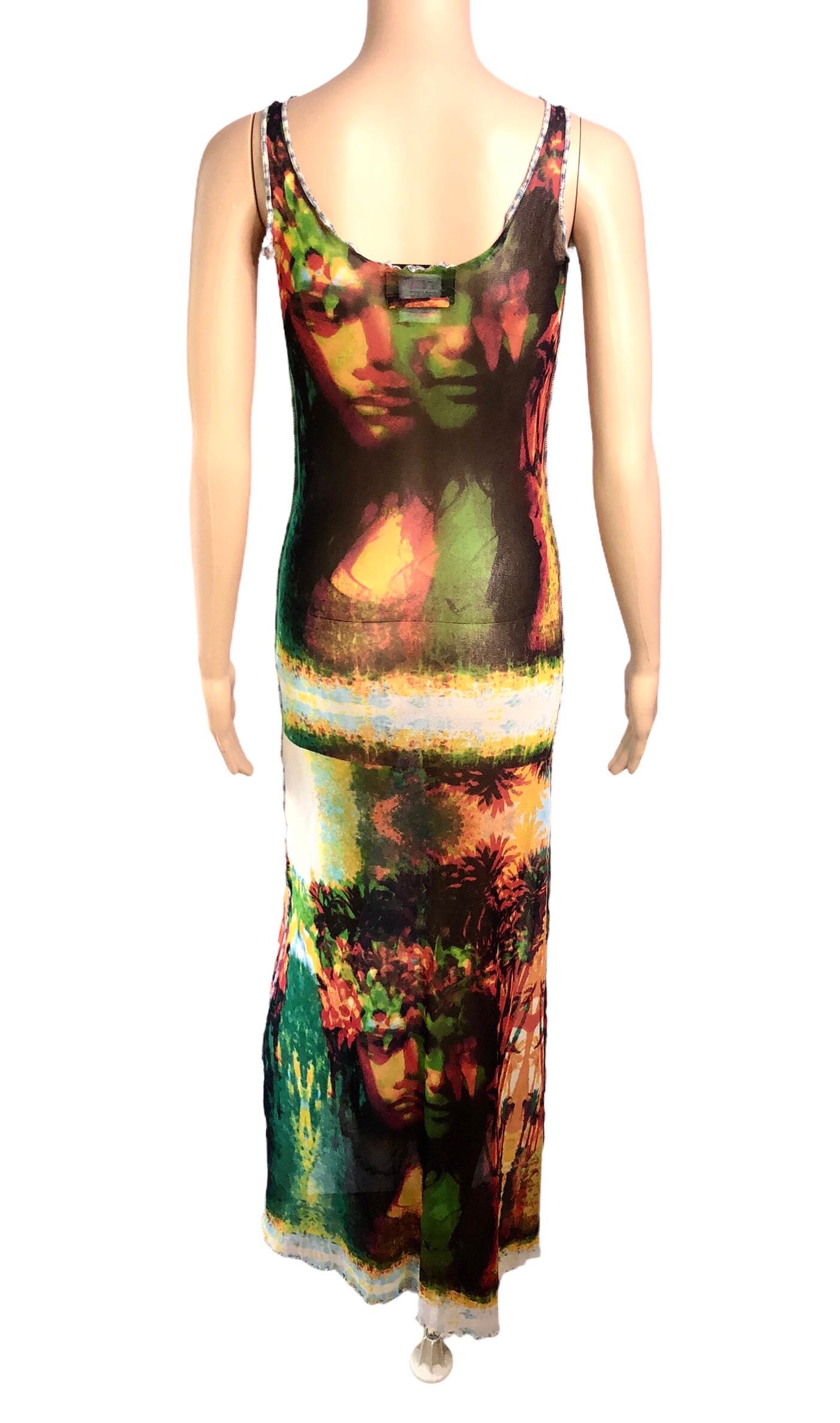 Jean Paul Gaultier S/S 2000 Vintage Psychedelic Print Bodycon Mesh Maxi Dress  In Good Condition In Naples, FL