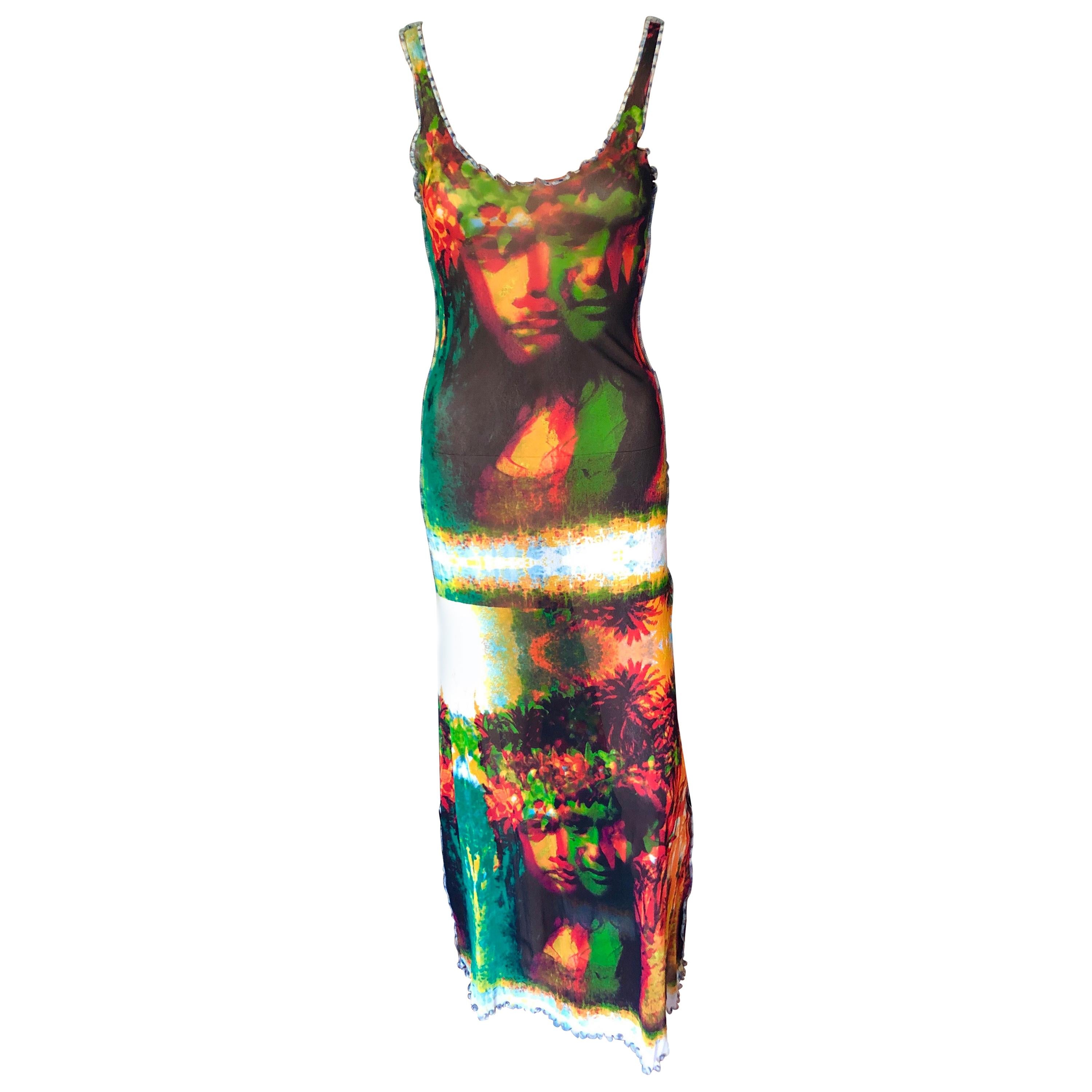 Jean Paul Gaultier S/S 2000 Vintage Psychedelic Print Bodycon Mesh Maxi Dress 