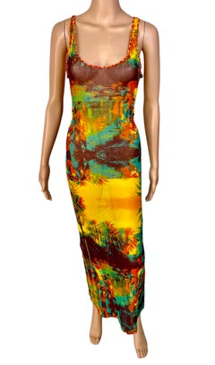 Jean Paul Gaultier S/S 2000 Vintage Psychedelic Print Sheer Bodycon Maxi Dress