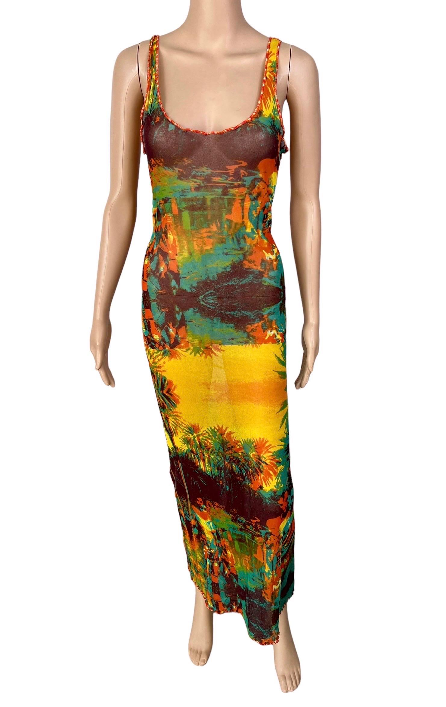 Jean Paul Gaultier S/S 2000 Vintage Psychedelic Print Sheer Bodycon Maxi Dress  In Good Condition In Naples, FL