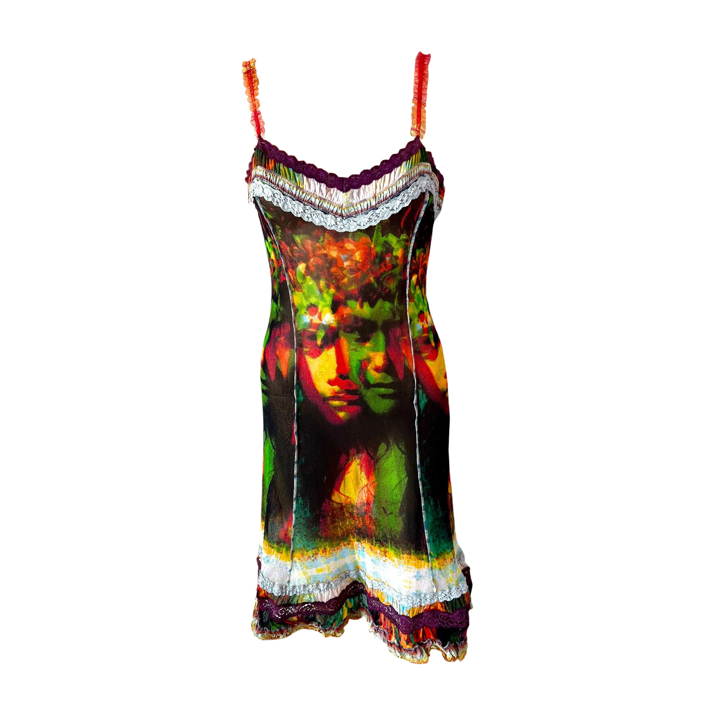 Jean Paul Gaultier S/S 2000 Vintage Psychedelisches halbdurchsichtiges Mesh-Kleid