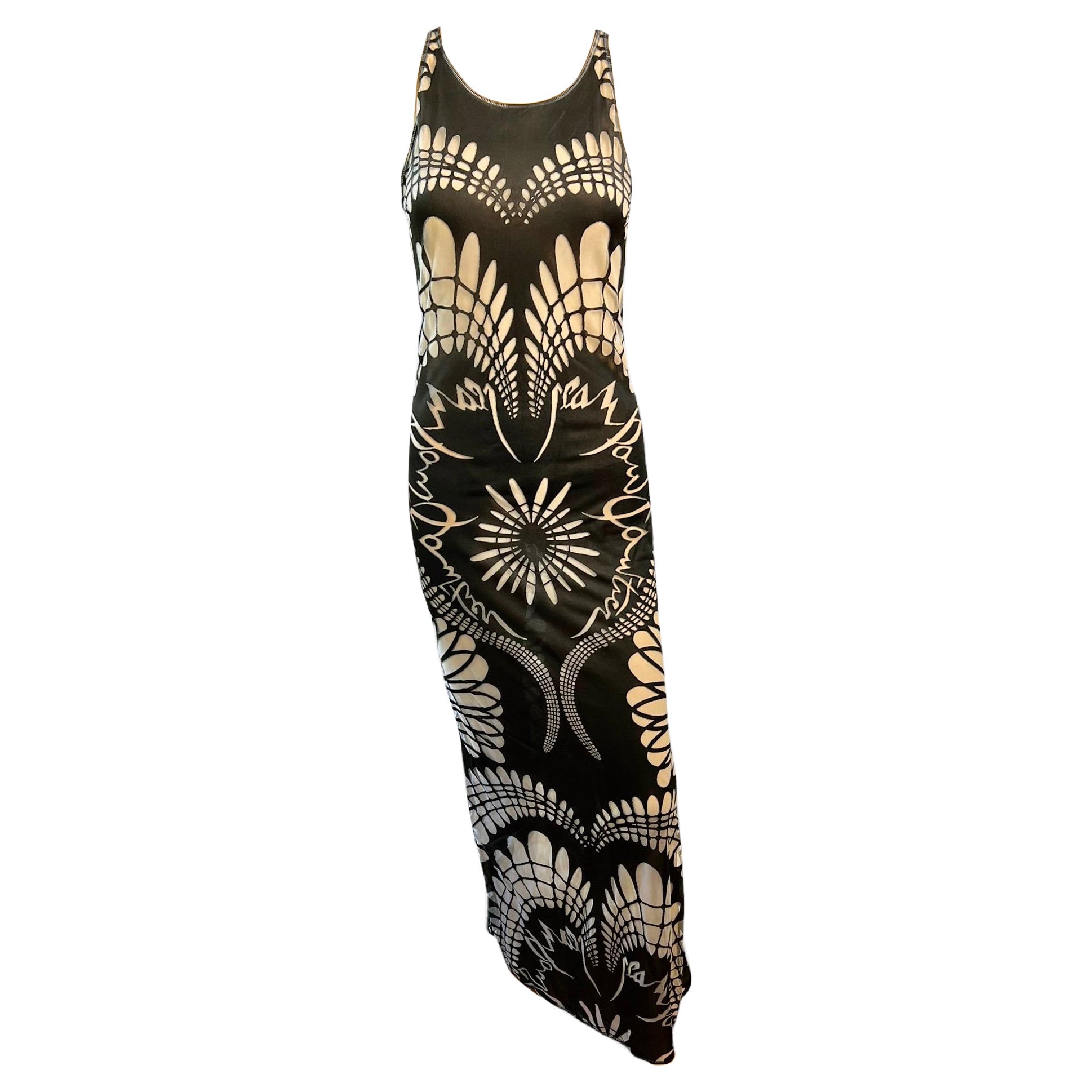 Jean Paul Gaultier S/S 2001 - Robe longue moulante en maille semi-transparente avec logo