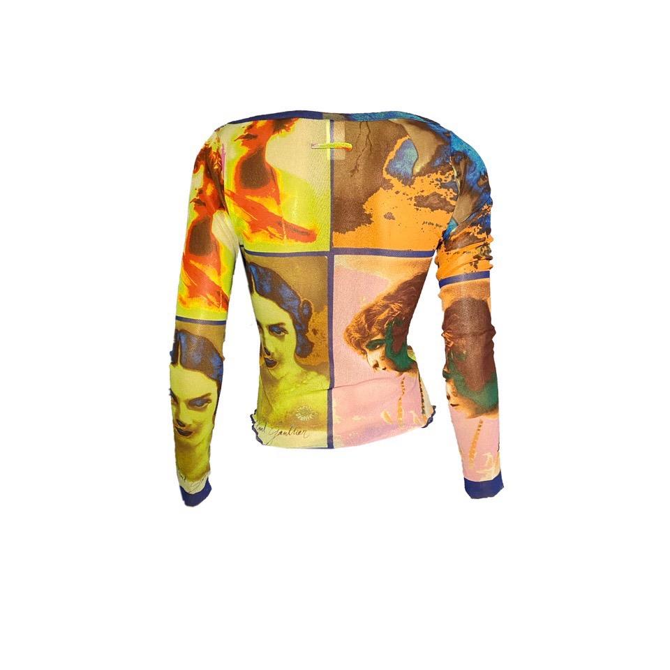 Jean Paul Gaultier Soleil Andy Warhol-inspired Pop Art Portrait top. Long sleeve t-shirt with loose neck. The print, which depicts the “Divina Marchesa” Luisa Casati, made its debut on the runway for the Spring/Summer 2002 collection. 

Size M      