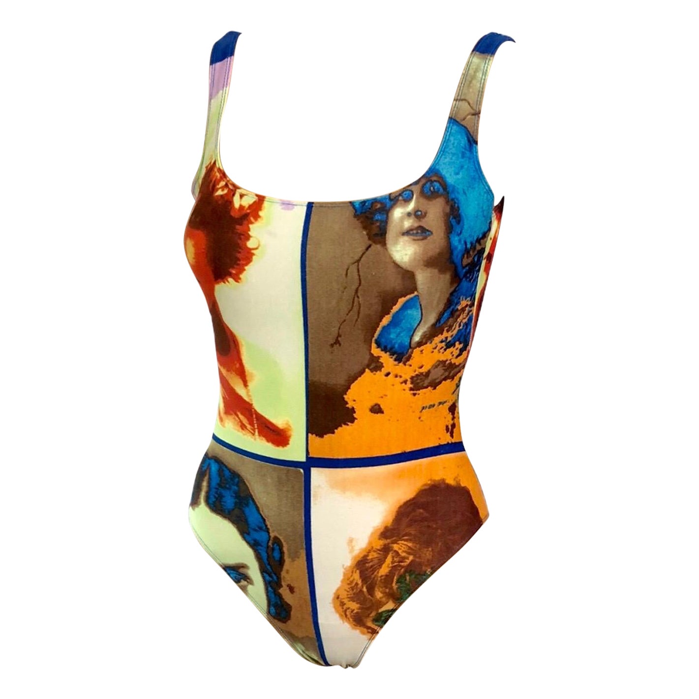 Jean Paul Gaultier F/S 2002 Vintage-Bodysuit mit Porträtdruck und Badeanzug, Badeanzug