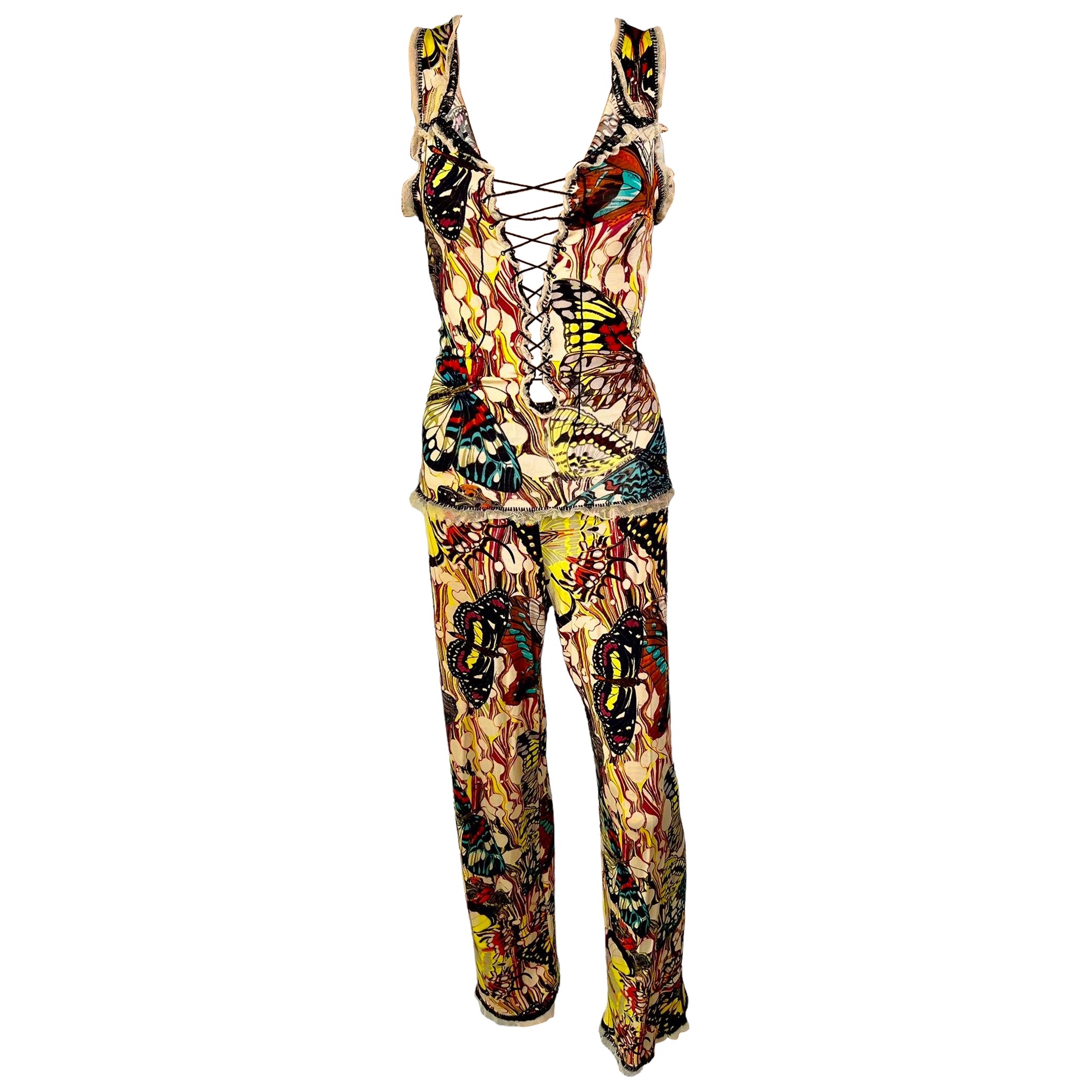 Jean Paul Gaultier S/S 2003 Butterfly Print Top & Pants Ensemble 2 Piece Set