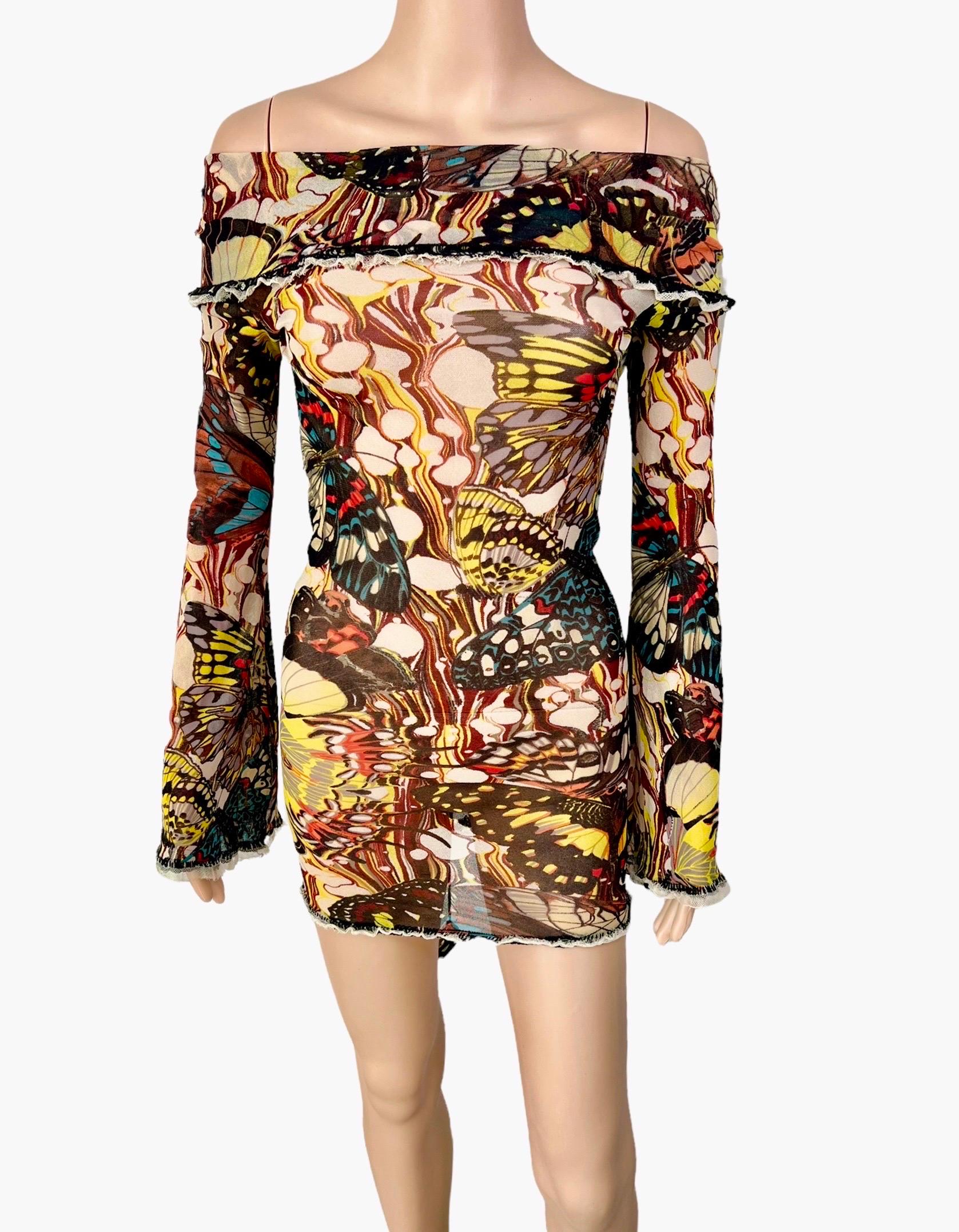 Jean Paul Gaultier S/S 2003 Vintage Butterfly Print Semi-Sheer Mesh Off Shoulder Bodycon Mini Dress Size S

Please note this dress is very versatile and it could be styled a few different ways based on preference, drawstring in the back is