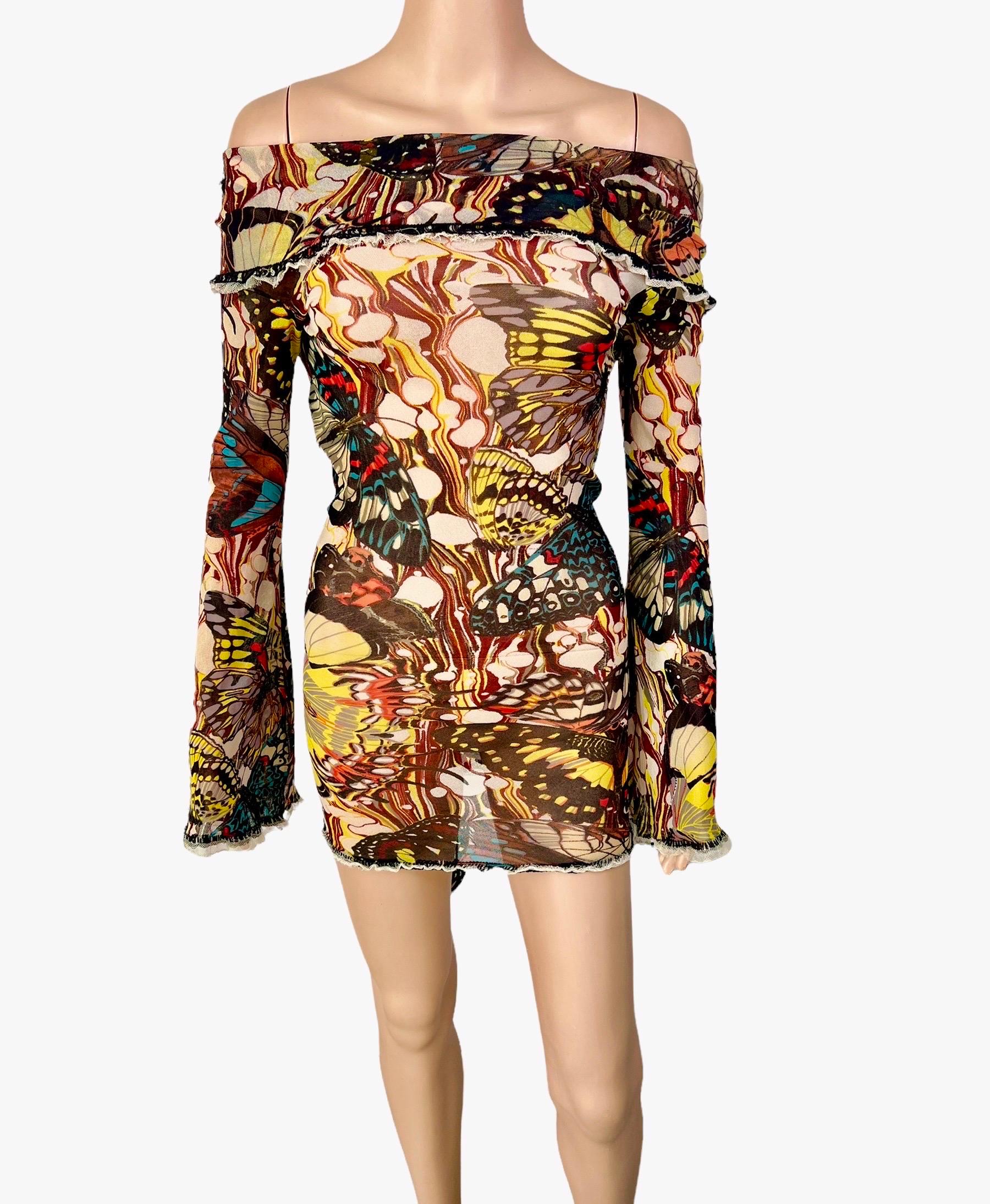 Jean Paul Gaultier S/S 2003 Butterfly Sheer Mesh Off Shoulder Bodycon Mini Dress Bon état à Naples, FL