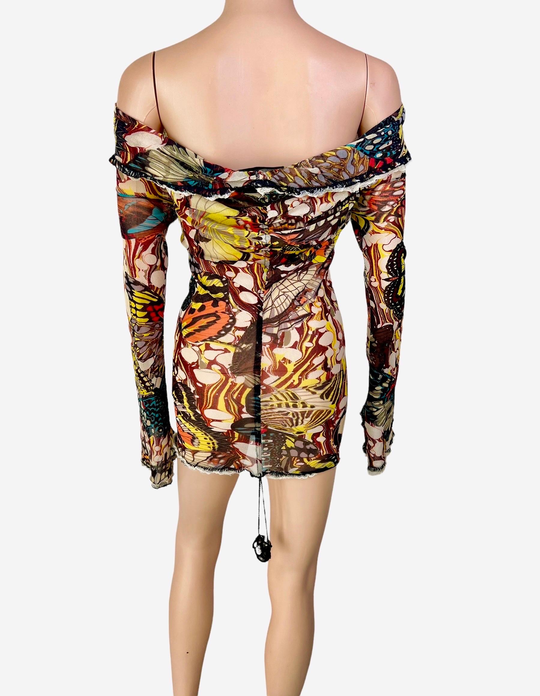 Brown Jean Paul Gaultier S/S 2003 Butterfly Sheer Mesh Off Shoulder Bodycon Mini Dress