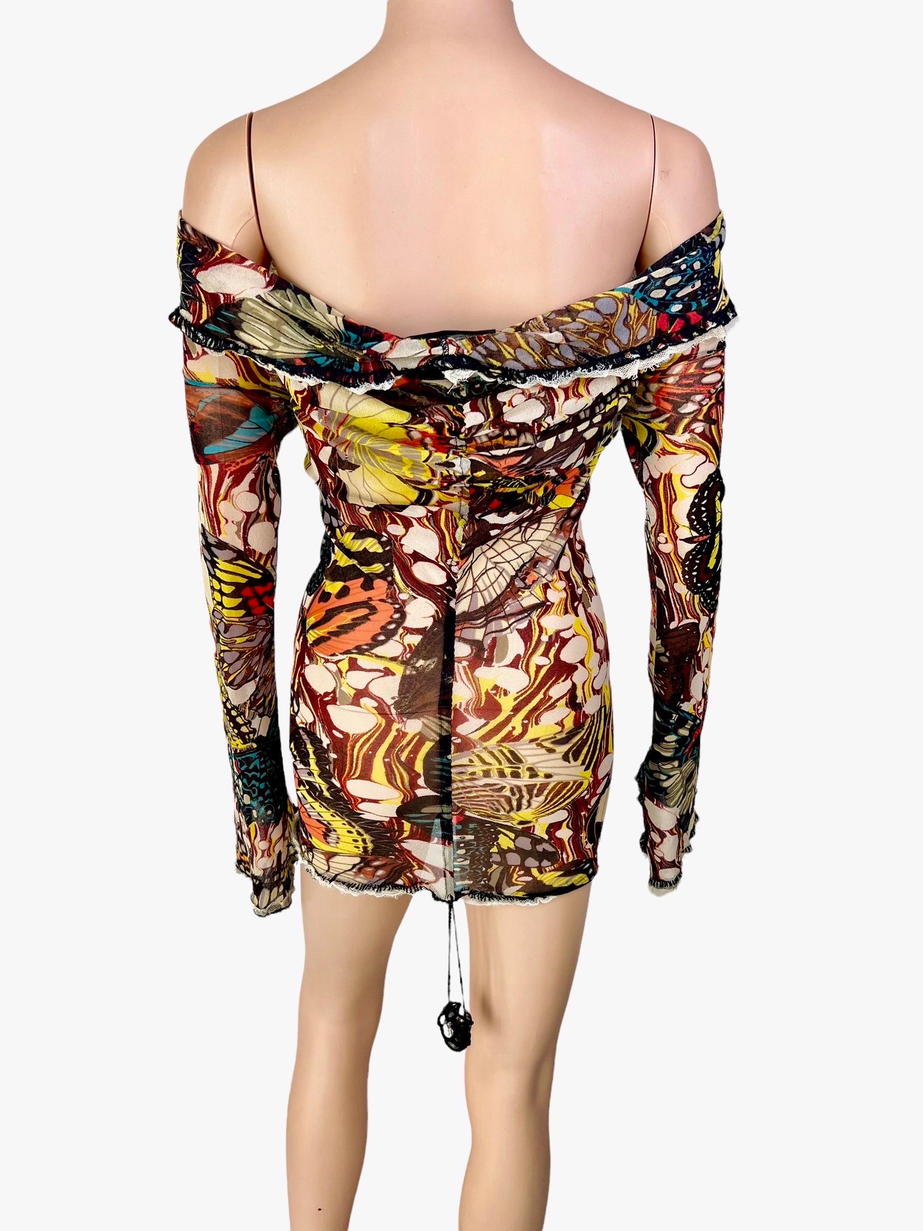 Jean Paul Gaultier S/S 2003 Butterfly Sheer Mesh Off Shoulder Bodycon Mini Dress 3