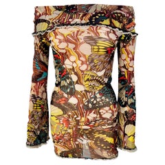 Jean Paul Gaultier S/S 2003 Butterfly Sheer Mesh Off Shoulder Bodycon Mini Dress