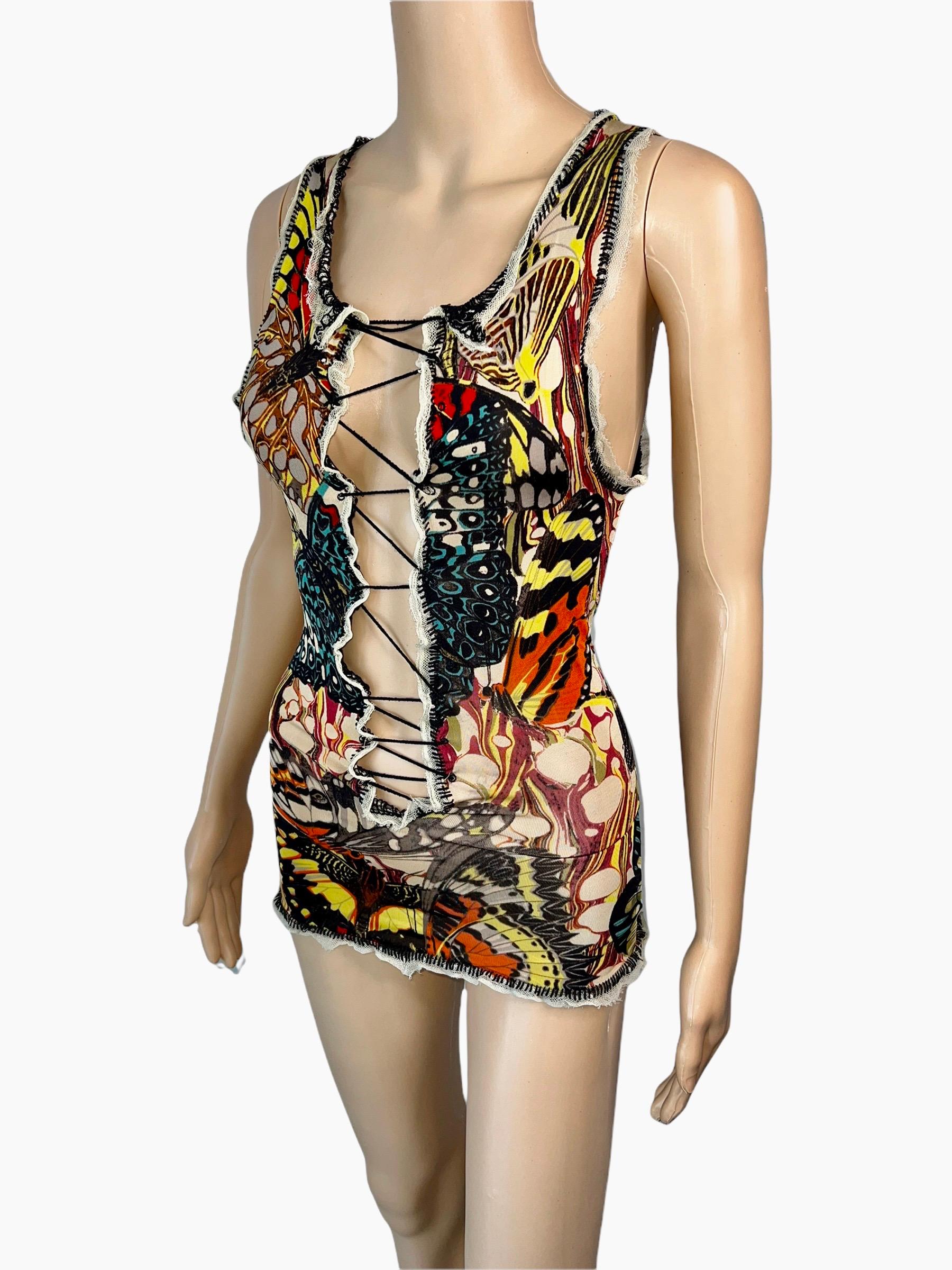 Jean Paul Gaultier S/S 2003 Plunging Neckline Butterfly Print Lace Up Top Size L



