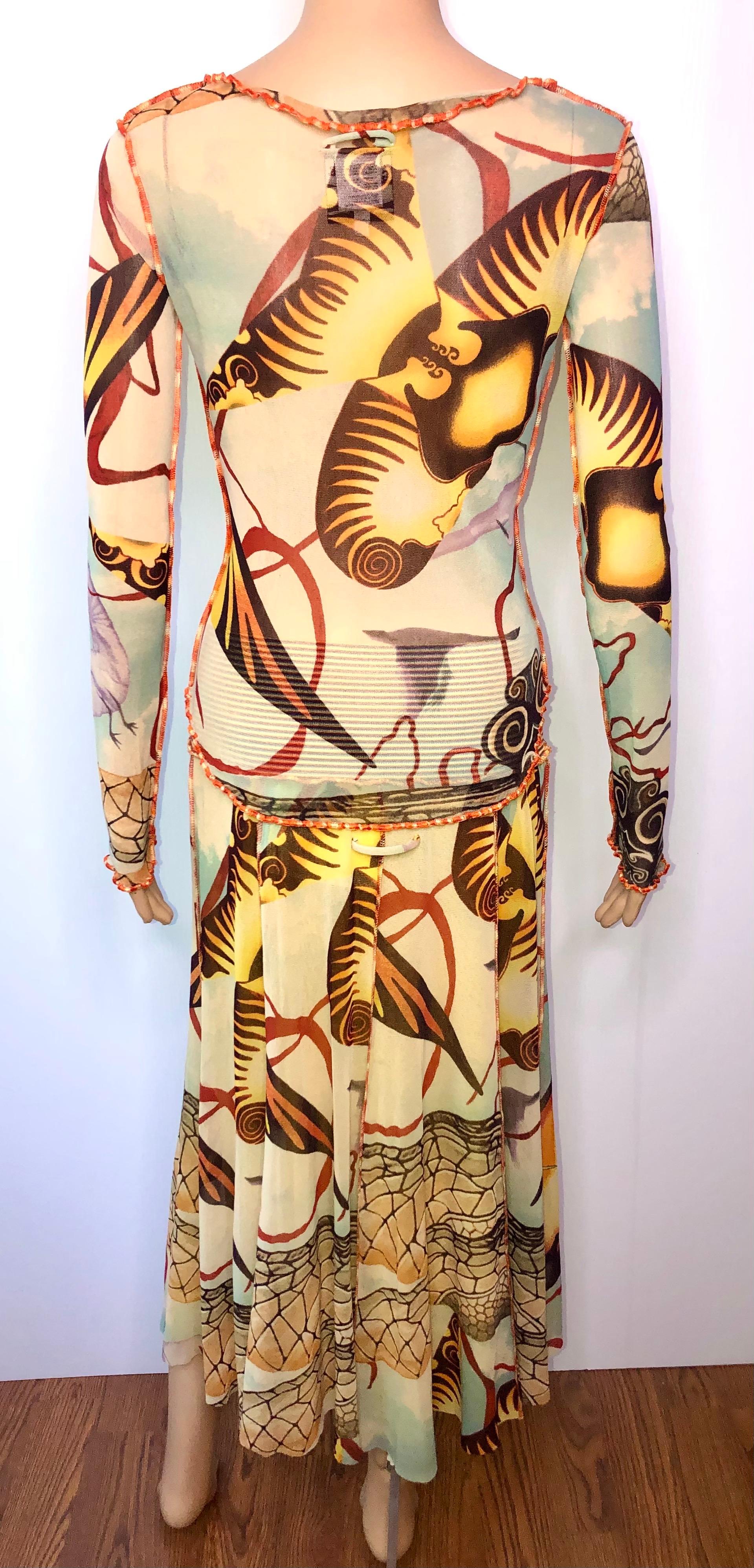 Beige Jean Paul Gaultier S/S 2005 Mesh Abstract Salvador Dali Top & Skirt 2 Piece Set  For Sale