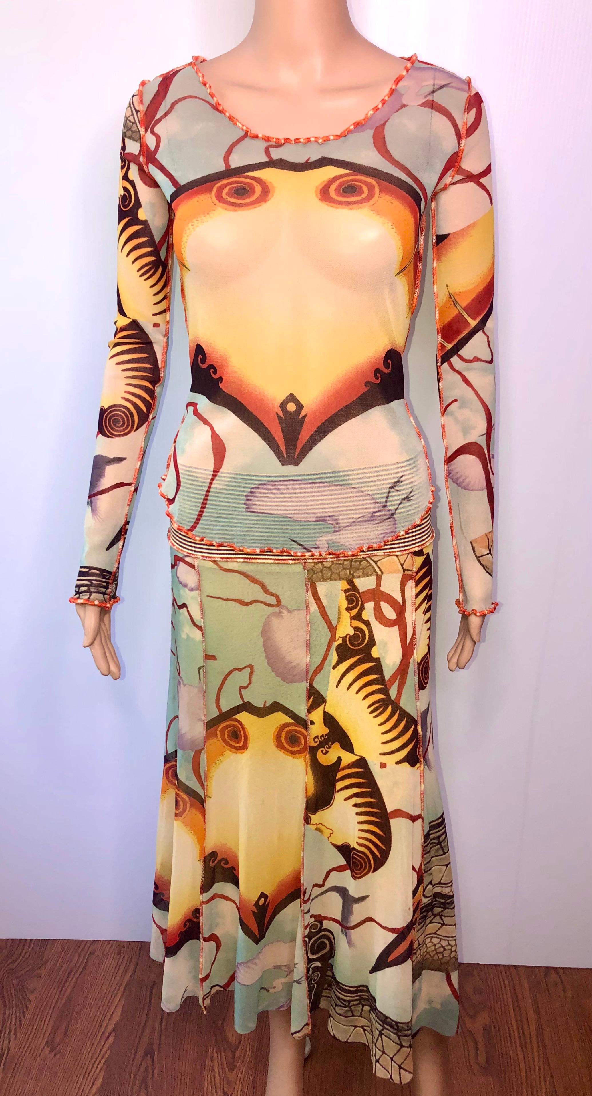 Jean Paul Gaultier S/S 2005 Mesh Abstract Salvador Dali Top & Skirt 2 Piece Set  In Good Condition For Sale In Naples, FL