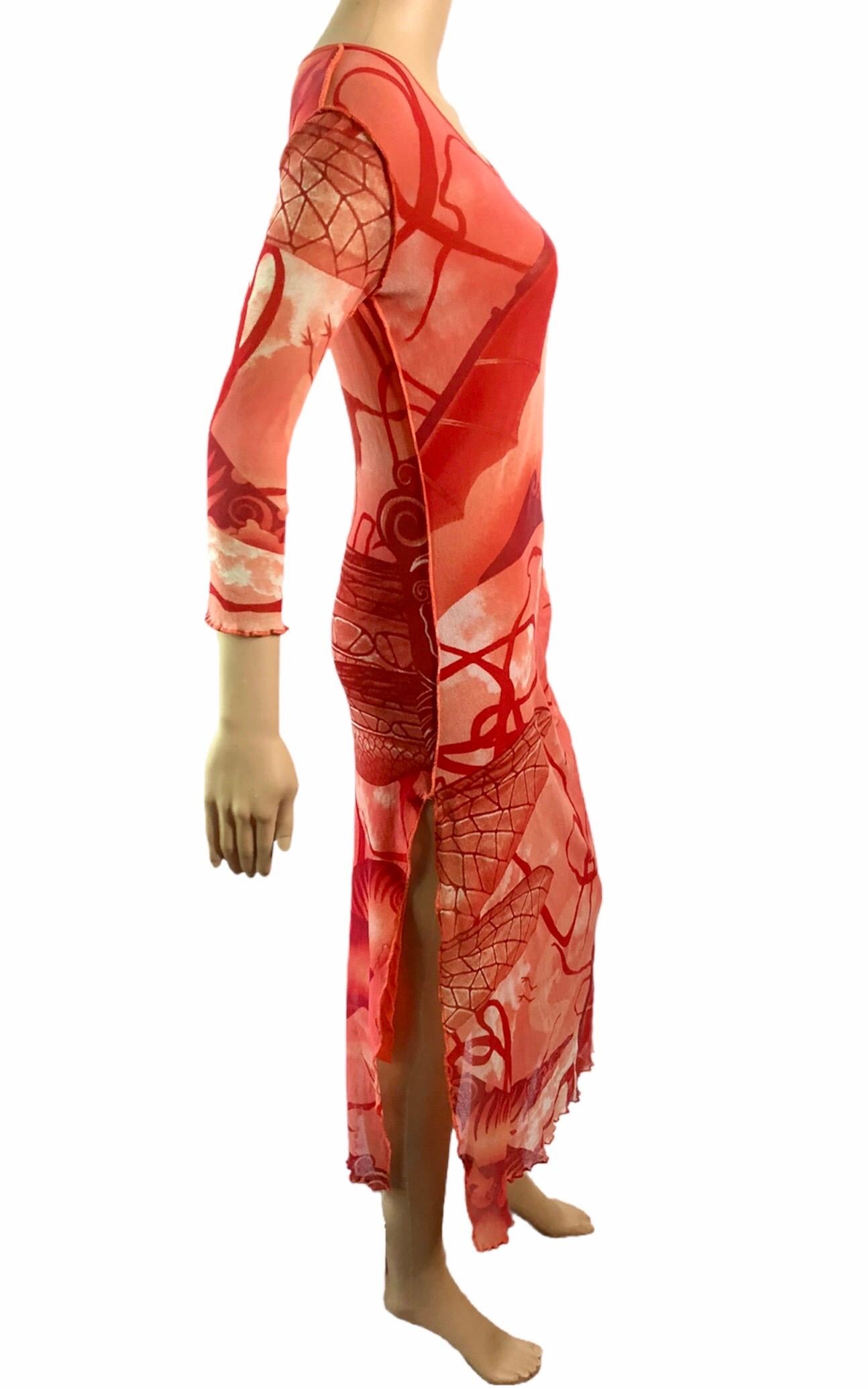 Rouge Jean Paul Gaultier S/S 2005 Robe en maille semi-transparente à imprimé abstrait de Salvador Dali en vente