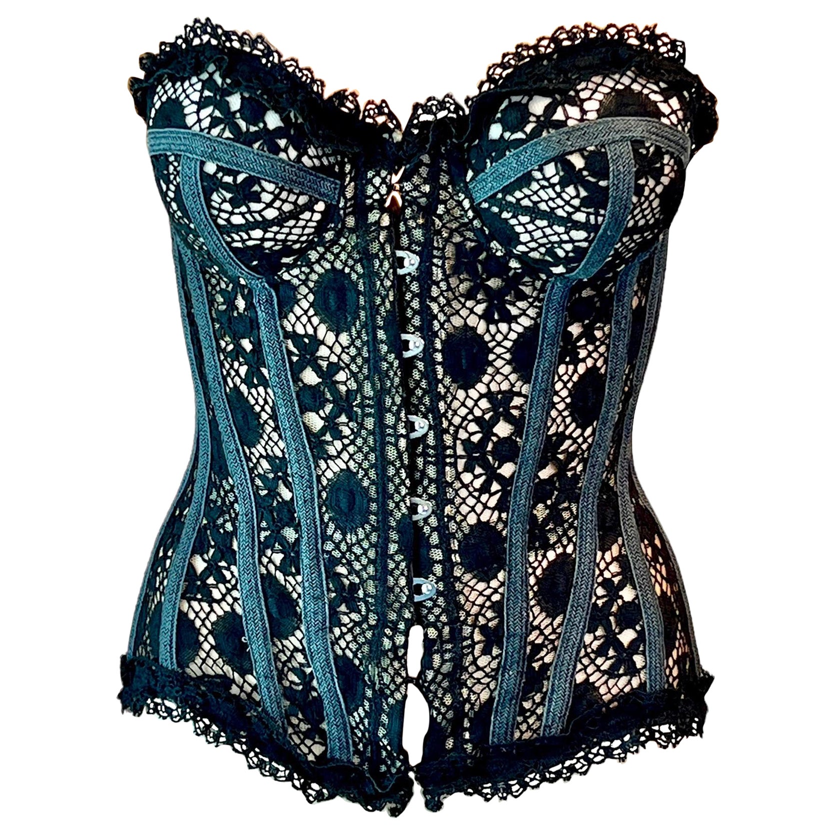 Jean Paul Gaultier Pasarela S/S 2006 Top de encaje con corsé y corpiño negro transparente