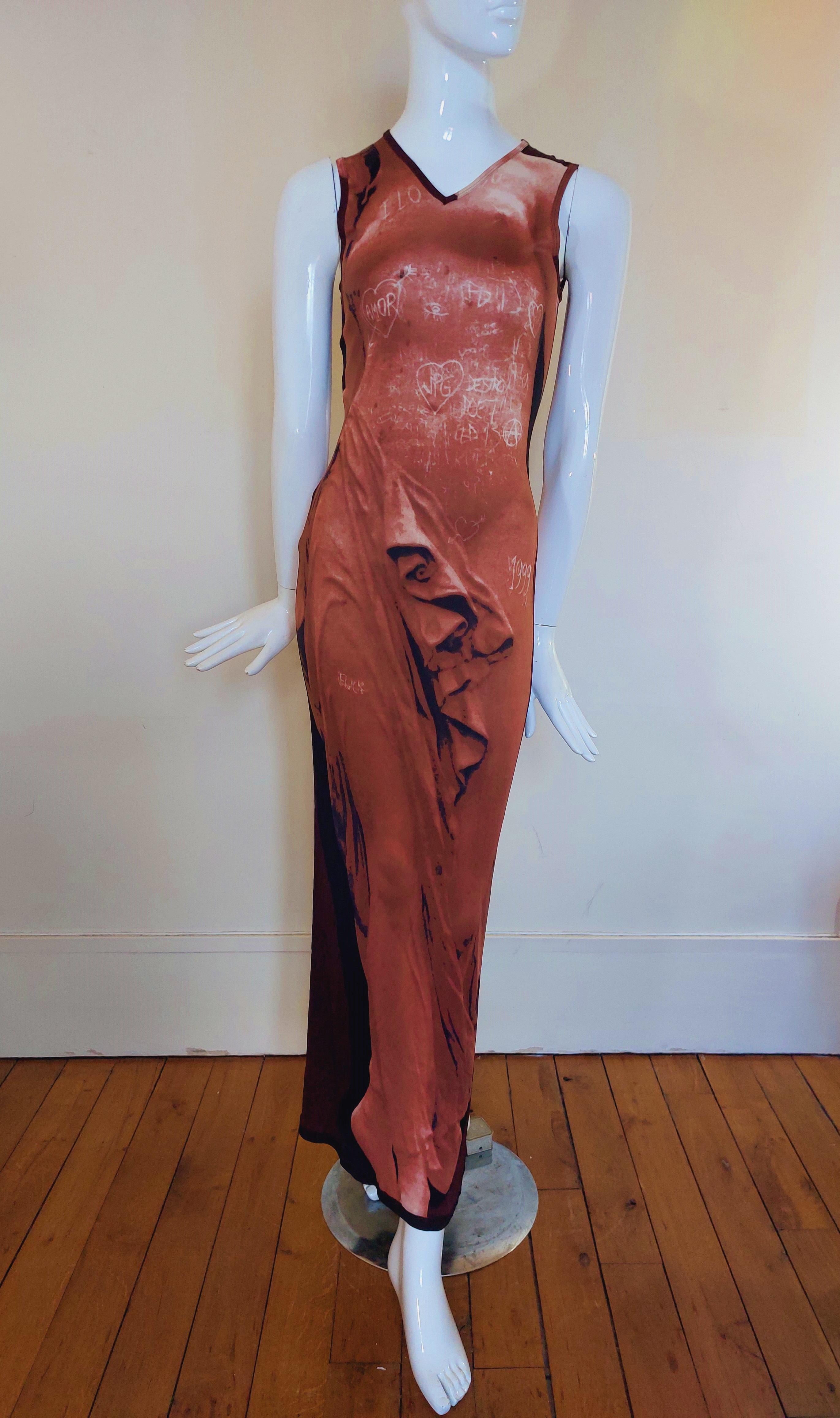 Jean Paul Gaultier S1999 Graffiti Goddess Venus Nude Trompe L'oeil Runway Dress In Excellent Condition In PARIS, FR