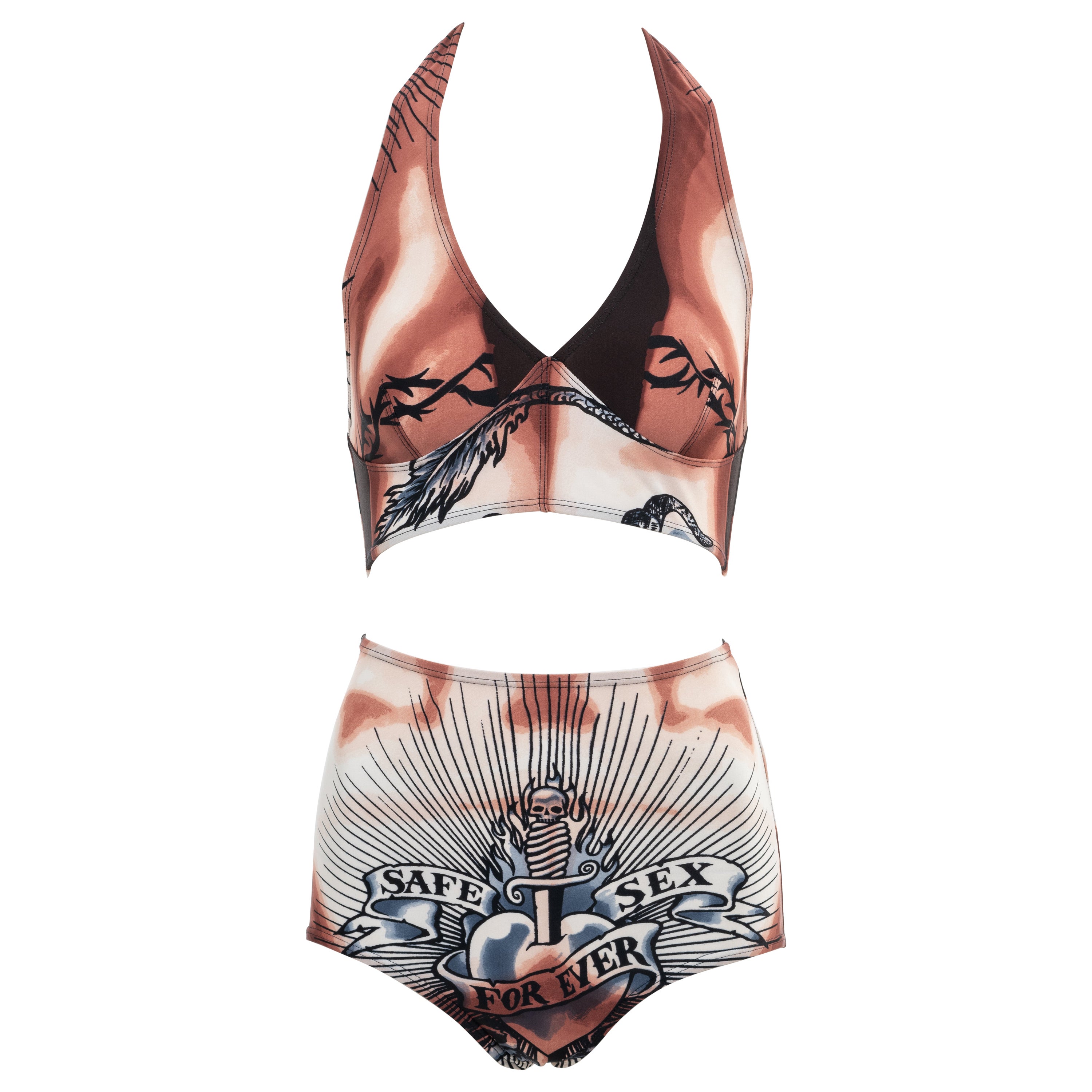 Conjunto de 2 piezas Jean Paul Gaultier con estampado de tatuajes "Safe Sex Forever", ss 1996 en venta