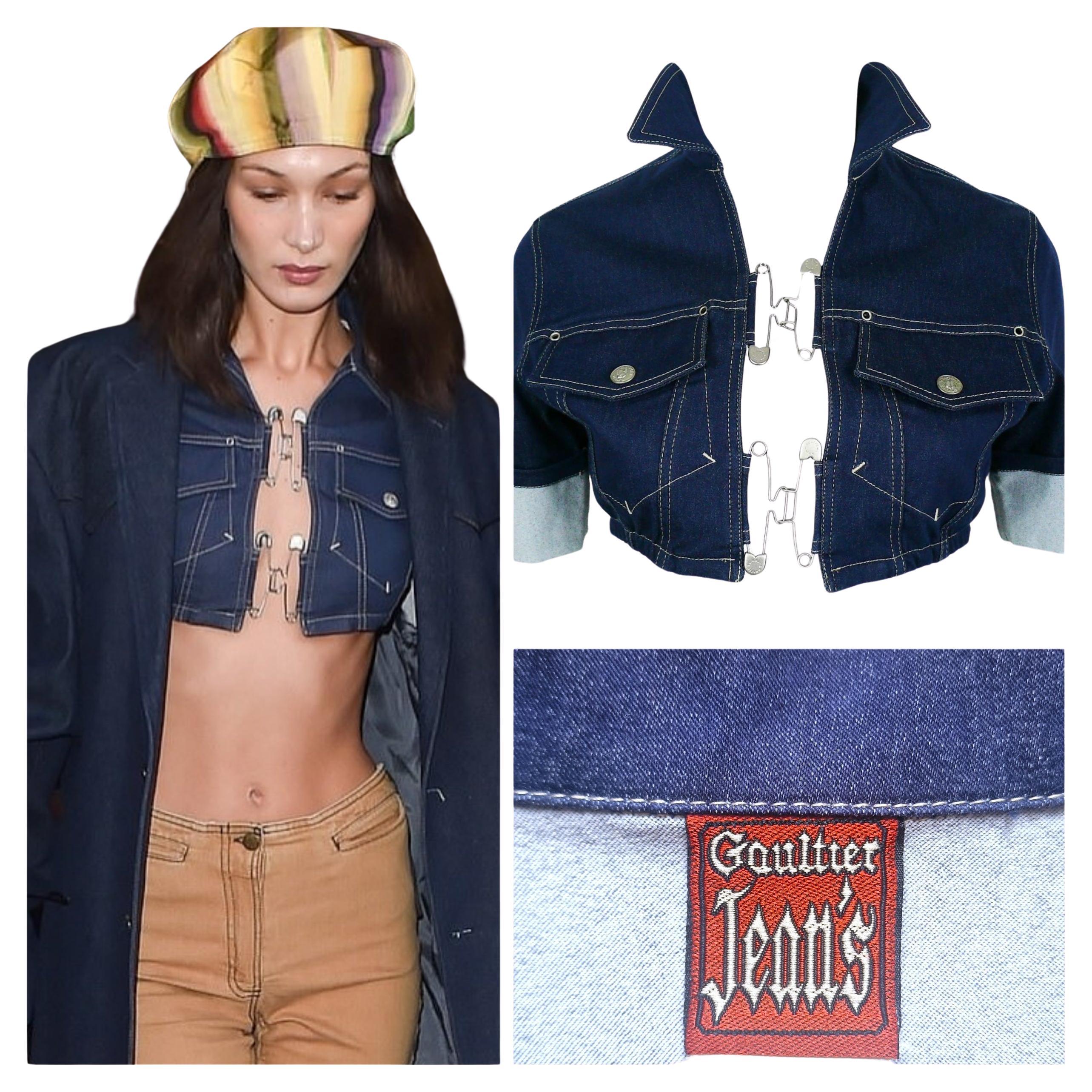 Jean Paul Gaultier Safety Pin Clips Vintage Bella Hadid Denim Blue Crop Tee Top For Sale