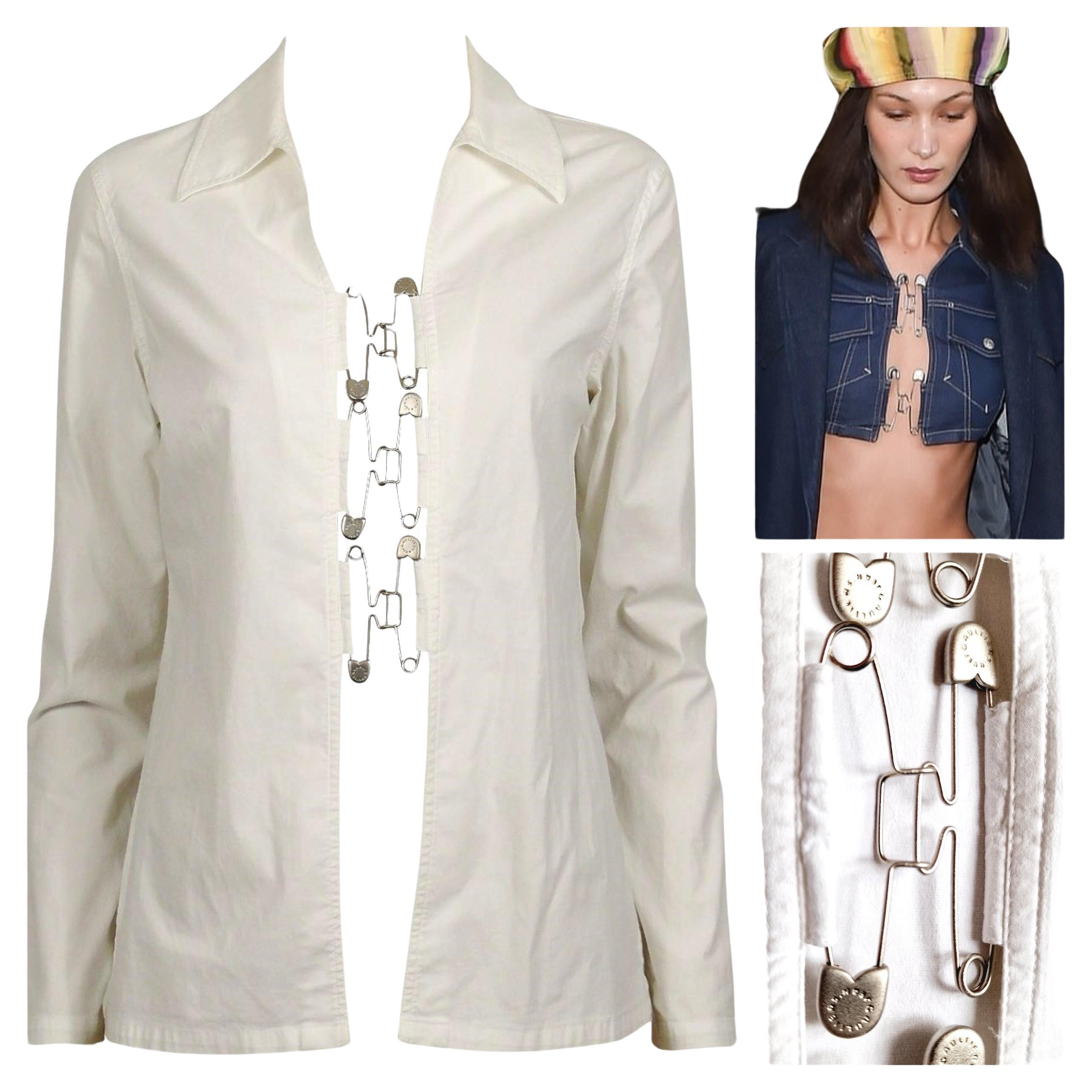 Jean Paul Gaultier Safety Pin Clips Vintage Bella Hadid Weißes Hemd Bluse Top im Angebot